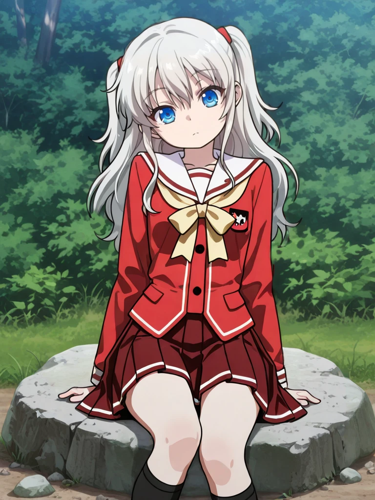 32k, Super-Resolution, <lora:illustrious_quality_modifiers_masterpieces_v1:1> masterpiece, (very aesthetic:1.2), absurdres, Digital Art, lazypos, 16-bit RGB, Artwork,(detailed:1.3) , <lora:StS-Illustrious-Detail-Slider-v1.0:3.5>, depth of field, <lora:dynamic-pose-illustriousxl-lora-nochekaiser:1> , (dynamic pose:1.5), <lora:anime_screencap:1> anime coloring,
BREAK, <lora:Nao_Tomori:1>,tomori nao, silver hair,long hair, bangs, blue eyes, two side up, anime screenshot,naoDress, two side up, school uniform, white sailor collar,serafuku, yellow bow, long sleeves, red blazer, dark red pleated skirt,,black kneehighs, on rock, sitting, looking at viewer, head tilt, zooming out,