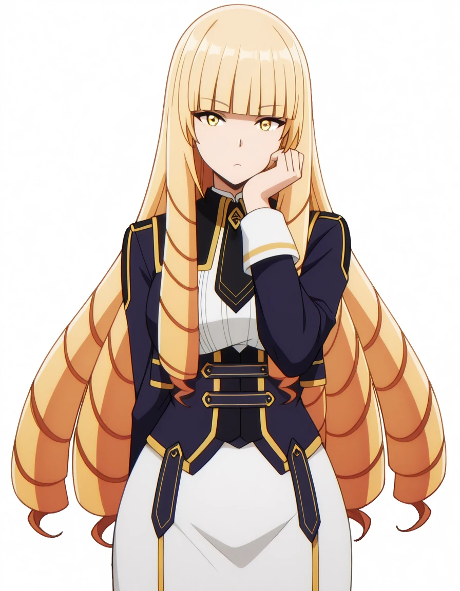 masterpiece, best quality, amazing quality,, <lora:oriana-rose-s1-illustriousxl-lora-nochekaiser:1>, oriana rose, long hair, blonde hair, yellow eyes, drill hair, bangs, blunt bangs, mature female, medium breasts, anime screencap, skirt, jacket, necktie, white skirt, corset,, head rest, sex shop, toys, privacy, items, unique, cowboy shot, solo, looking at viewer, <lora:transparent-background-illustriousxl-lora-nochekaiser:1>, transparent background, simple background, white background