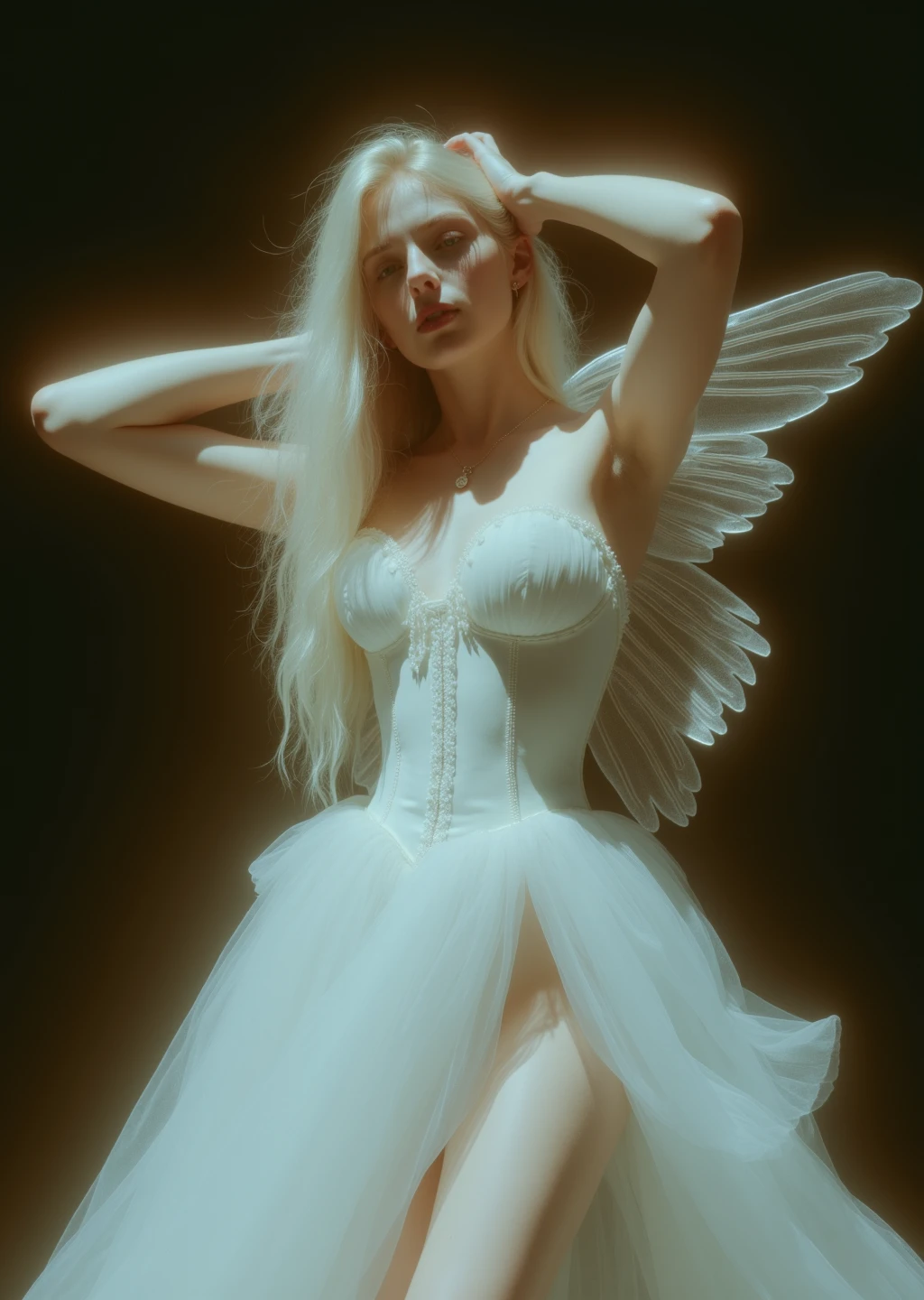 A close-up, full-body portrait of a young, fit, slim European woman. She is barefoot. She has very long, silver, straight hair. Pale skin.
She wears a white bridal gown with a fitted corset bodice and a dramatic, full tulle skirt. Angle wings.
Her expression and pose emphasize the fragility of her form and the quiet power of restraint, in an expression of haunting serenityâpart pain, part rapture. Her legs are crossed.
standing, arm raised, facing camera,. She wears . In the Stargazer's Refuge beneath the Veil of Storms. .The side lighting is harsh and sculptural, casting dramatic shadows that trace the contours of her body.
Blurry environment and background.
Strong depth of the field effect.
The scene evokes a visceral sense of surrender, intimacy, and psychological exposureâsensual, surreal, and unmistakably gothic.