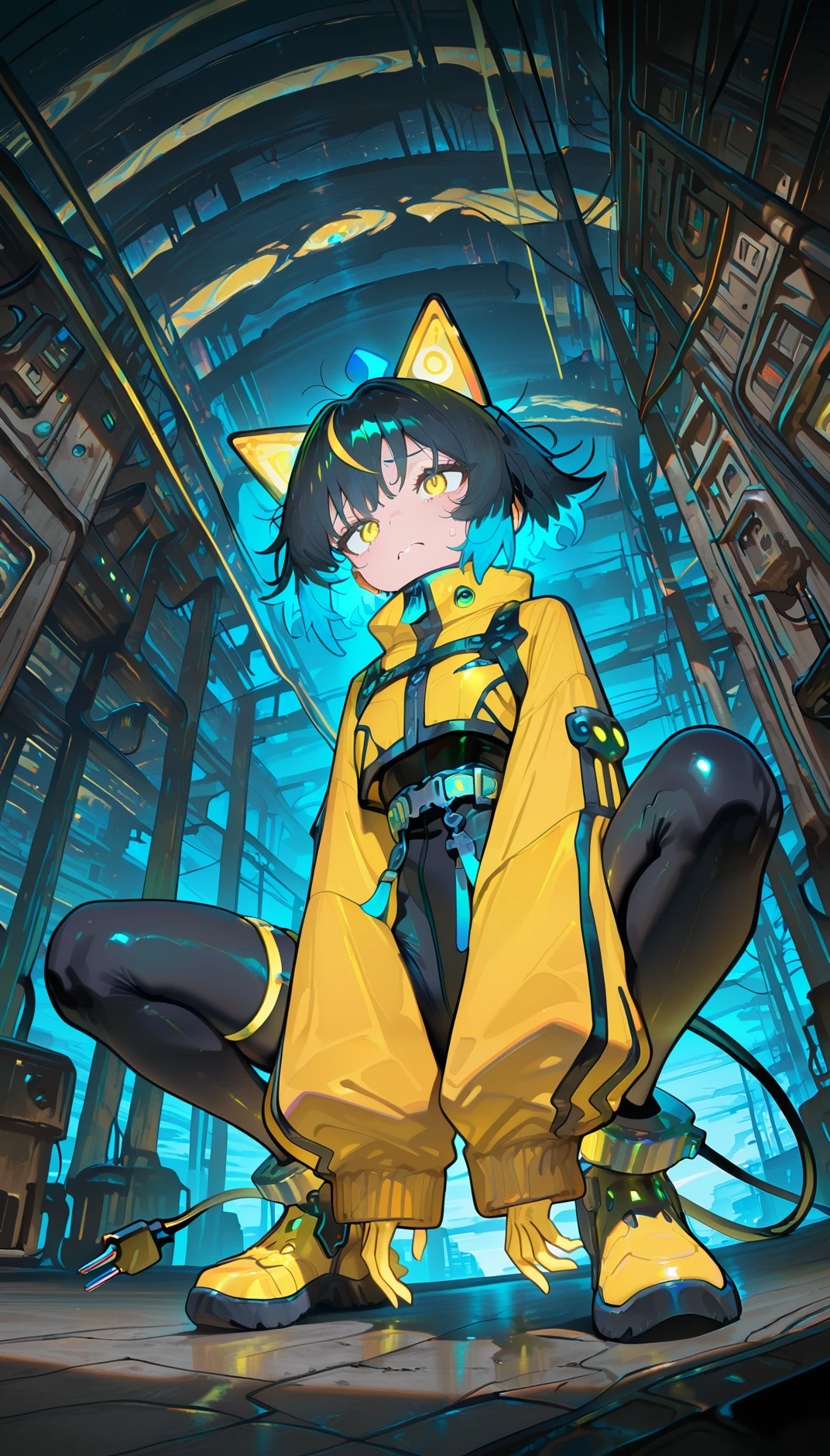 masterpiece, best quality, amazing quality, very aesthetic, absurdres, newest, scenery,
, worried, sweatdrop, Crouching with hands on the ground, full body, from below, , electrocat, 1girl,
black hair, short hair,blue ahoge, multicolored hair, yellow highlights, blue highlights,
cat ears, cyber ears, glowing accents, yellow eyes,
yellow jacket, oversized sleeves, cropped jacket,
black , skin-tight, high-waist belt, utility straps, harness,
futuristic boots, yellow boots, black and yellow shoes, ankle cuffs,
electric plug tail,
dynamic poses, ,
simple background, , animated, dynamic angle, close-up,portrait, fisheye lens, detailed face,colorful, close-up, masterpiece, best quality, amazing quality, very aesthetic, absurdres, newest, scenery, volumetric lighting