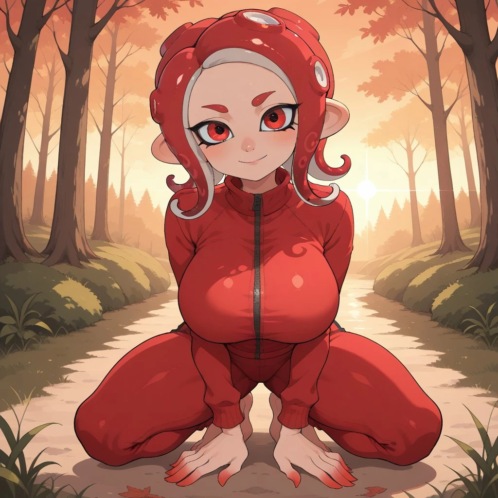 score_9, score_8, BREAK, solo, HilaryOC, splatoon, octoling, female octoling, 1girl, cute, tentacle hair, red hair, red eyes, cute eyes, red eyebrows, red clothing, breasts, red pants, barefoot, tall, adult female, mature female, big breasts, sexy pose, self portrait, smile, looking at viewer, outdoors, sunlight, shadows, evening lighting, natural lighting, forest, trees, grass, orange sky, sunset