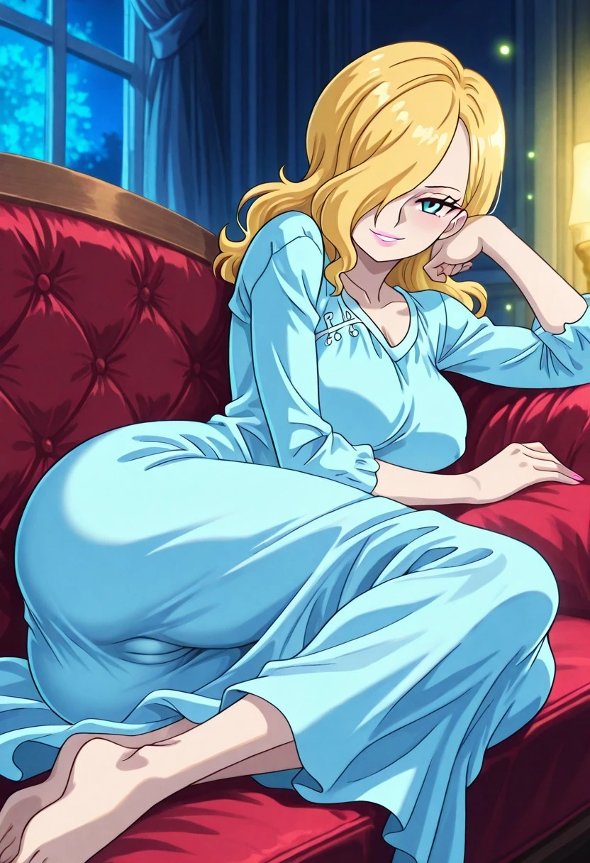 VinsmokeSoraOP, 1girl, solo, pale skin, long hair, blonde hair, curly hair, hair over one eye, dark blue eyes, full lips, pink lipstick, makeup, large breast, long dress, light blue dress, dress ornament, elbow length sleeves, cleavage, collarbone, thick thighs, frills, barefoot,
masterpiece, best quality, fine details, intricate details, depth of field, subsurface scattering, bokeh, ultra-detailed, very aesthetic, detailed background, newest, scenery, highres, absurdres, colorful, vibrant, glowing, perfect face, 2d, perfect eyes, vibrant saturated colors, volumetric lighting, sharp, detailed eyes, perfect anatomy, perfect face, perfect eyes, mature body, clear eyes, beautiful eyes, athletic, curvy body, athletic girl, perky tits, perfect tits, round breasts, pinup pose, teasing, lustful expression, perfect hands,
muscular female, dutch angle, dynamic pose,
bedroom,huge labia, labia slit, puffy labia, nipple outline,lying sideways on a couch, one leg draped over the backrest, seductive smirk, night, shy, light particles, glowing, fireflies, blurry background, dat ass
,Smooth Negative, Smooth_Quality,
dark_fantasy_style, dark fantasy, retro,