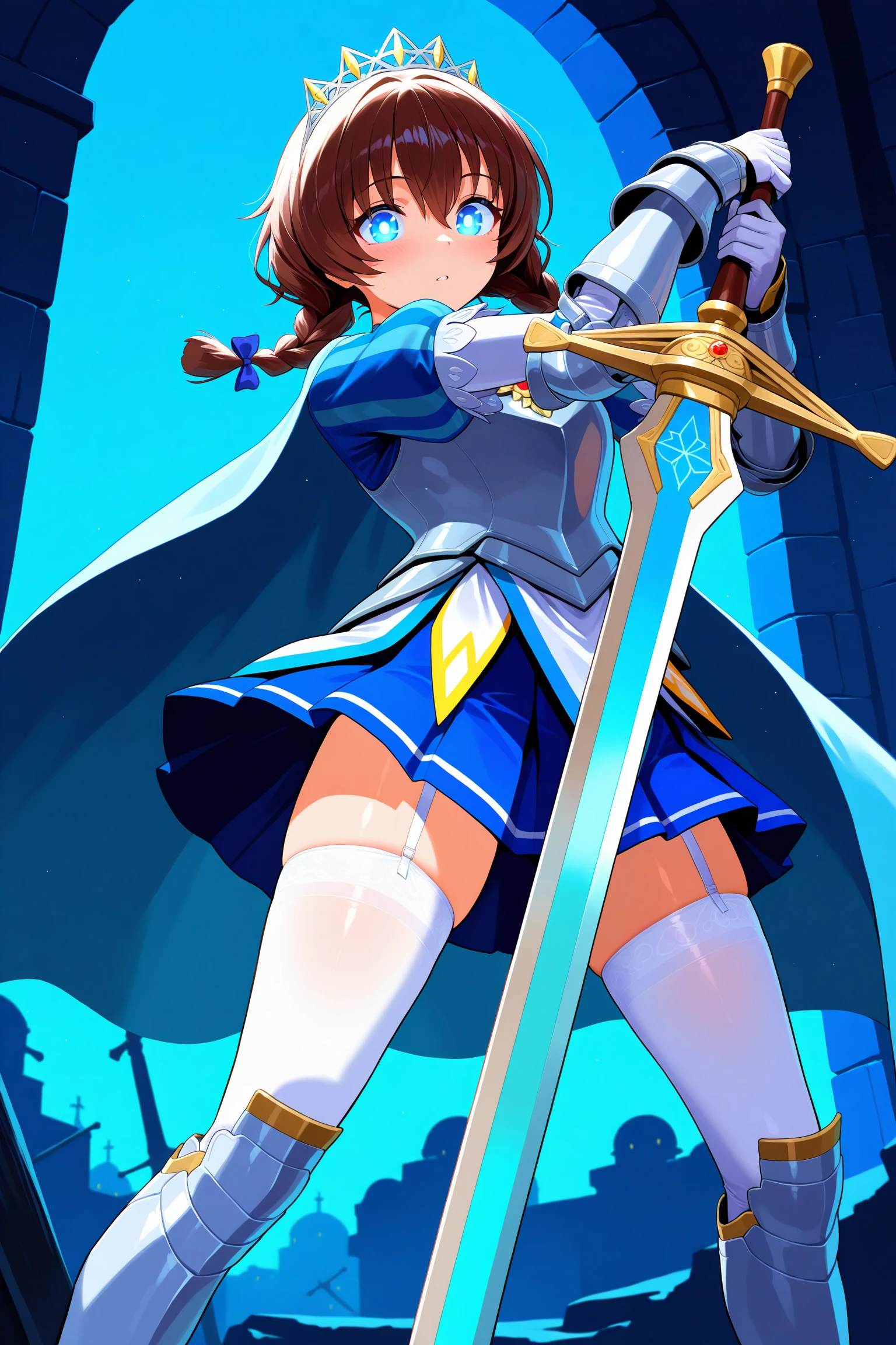 night,moonlit battlefield, standing in the dark, glowing eyes,holding sword with both hands, dynamic pose, flowing hair,,masterpiece, best quality, amazing quality, newest,detailed face, beautiful eye,1girl, <lora:riccaV2.0Dim16alpha4_illustrious:0.9>,ricca_main ,blue eyes ,,brown hair,hair between eyes,hair pulled forward,twin braids,ricca_battle1, breastplate, vertical striped sleeves,armor, armored dress,blue_dress,, white gloves, gauntlets, blue skirt, pleated skirt, zettai ryouiki, white thighhighs, garter straps,greaves, cape, blue cape, tiara, brooch, flower brooch,chest brooch,sword,holding sword,two-handed,, masterpiece, best quality, amazing quality, newest,detailed face, beautiful eye