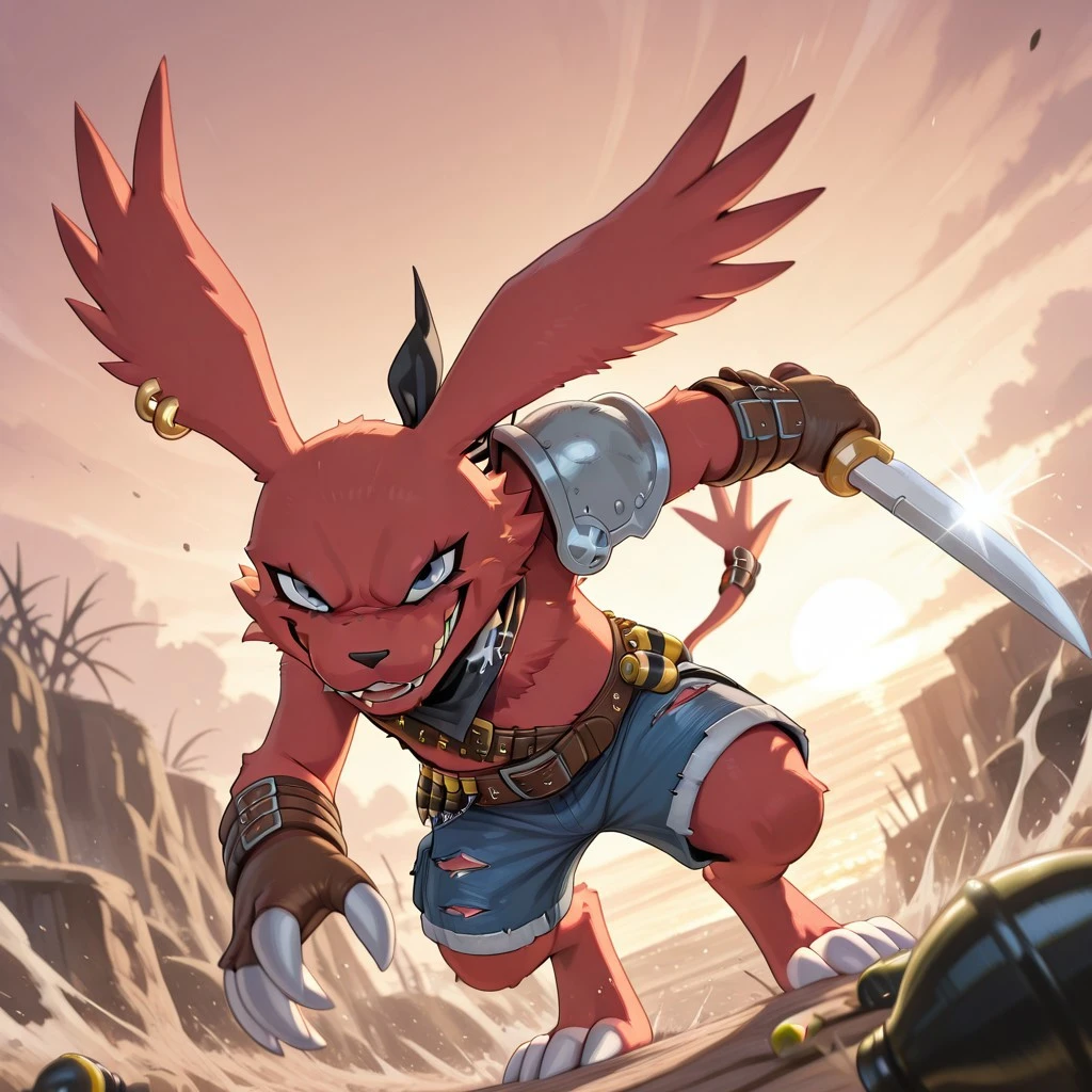 Digimon, masterpiece, cargo shorts, digital monsters, single earring, stitched shorts, anime, holding cutlass, grey eyes, best quality, pirate bandana, amazing quality, (((red fur))), solo, blue shorts, leather pauldron, (((single pauldron))), 1boy, expressive eyes, video game, friendly face outside, dashing smile, gold loop earring, dynamic pose, dashing smile outside, silver bladed cutlass, furry male, black bandana, tail, grenado bombs, black pauldron, bandolier, friendly face, outside