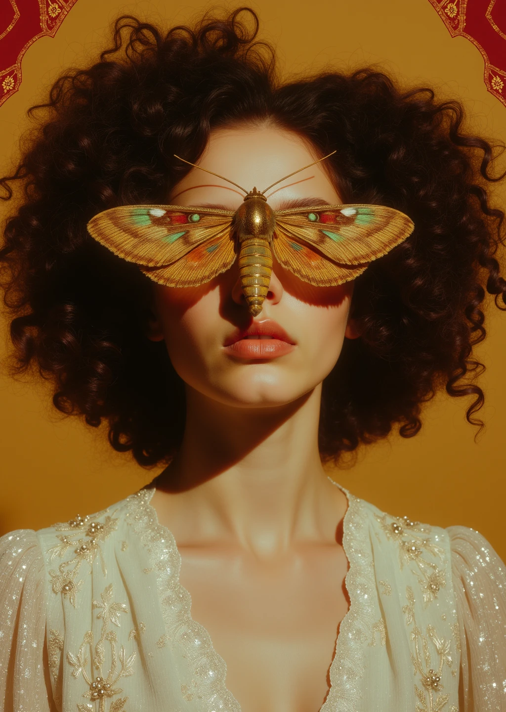 A hyper-realistic portrait of a pale-skinned medieval woman with rich, voluminous curly hair, her piercing gaze intense as a vibrant moth rests on her face, its delicate wings partially obscuring her features. The intricate details of the moth’s patterns contrast against her soft complexion, creating a striking visual harmony. The background is a warm golden hue, adorned with a meticulously arranged geometrical red embroidery pattern, evoking the essence of medieval textile craftsmanship. The interplay of light and shadow enhances the depth of the illustration, emphasizing the fine textures of her curls, the subtle variations in her skin tone, and the precise detailing of the moth’s wings.Shot with a shallow depth of field, perfect lighting, 85mm lens.This image embodies a modern, artistic style with a moody atmosphere that evokes intrigue and depth.