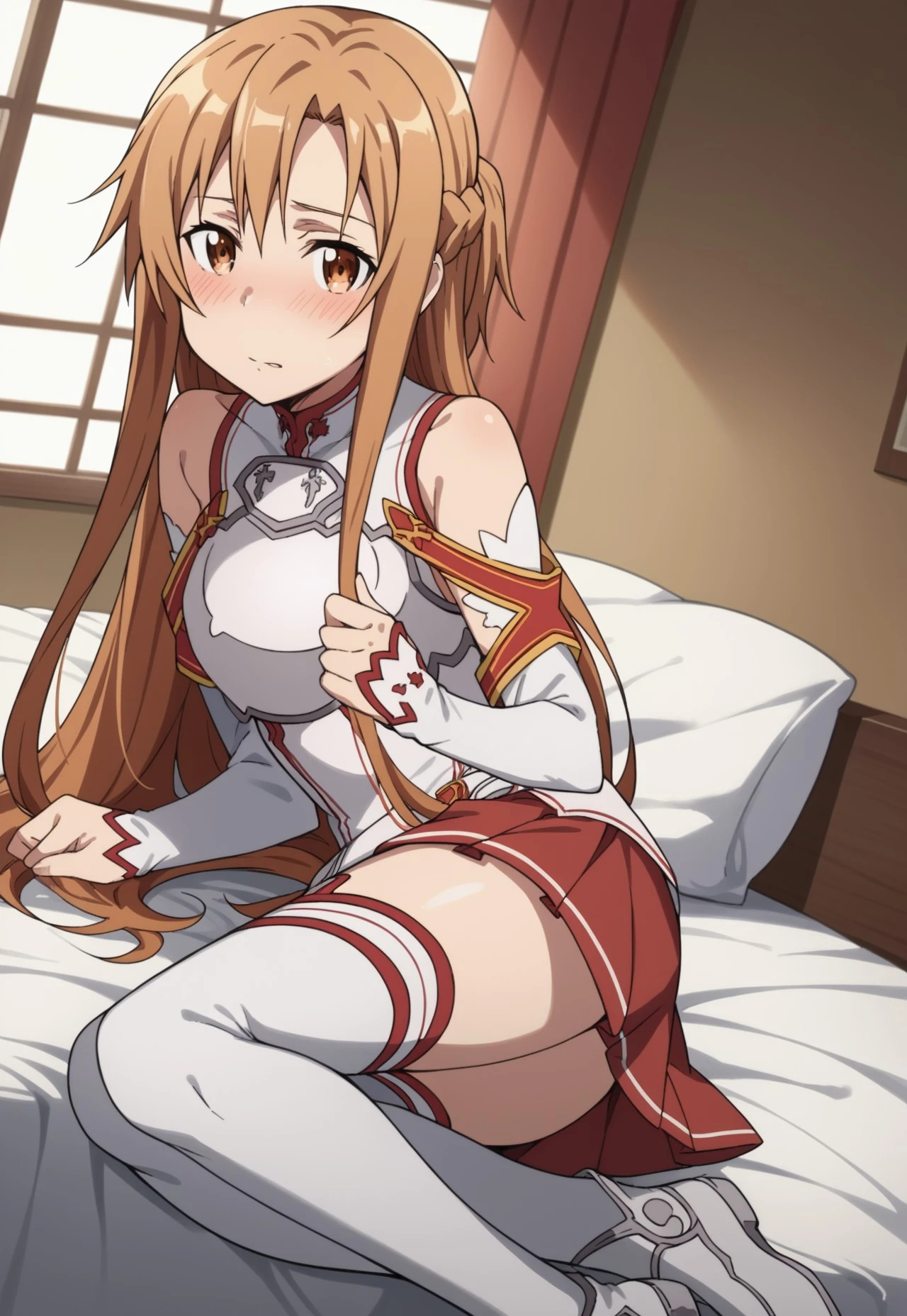 score_9, score_8_up, score_7_up, source_anime,
1girl, Asuna Yuuki (/Sword Art Online)/,(ultra HD quality details), brown hair, long hair, (brown eyes)
armor, breastplate, bare shoulders, detached sleeves, skirt, red skirt, thighhighs, white thighhighs,
indoors, bed, bed room, on side, blush, drunk,
looking at viewer, cowboy shot, solo, dutch angle,