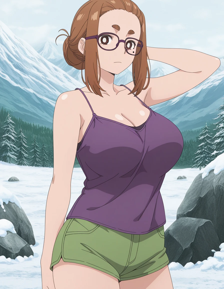 masterpiece, best quality, amazing quality,, <lora:sumireko-ogawa-s1-illustriousxl-lora-nochekaiser:1>, sumireko ogawa, brown hair, brown eyes, thick eyebrows, mole, mole under eye, forehead, sidelocks, glasses, mature female, breasts, anime screencap, cleavage, bare shoulders, shorts, tank top, camisole, shorts, short shorts,, hand behind head, , mountain, rock, height, snow, trees, cowboy shot, solo, looking at viewer,