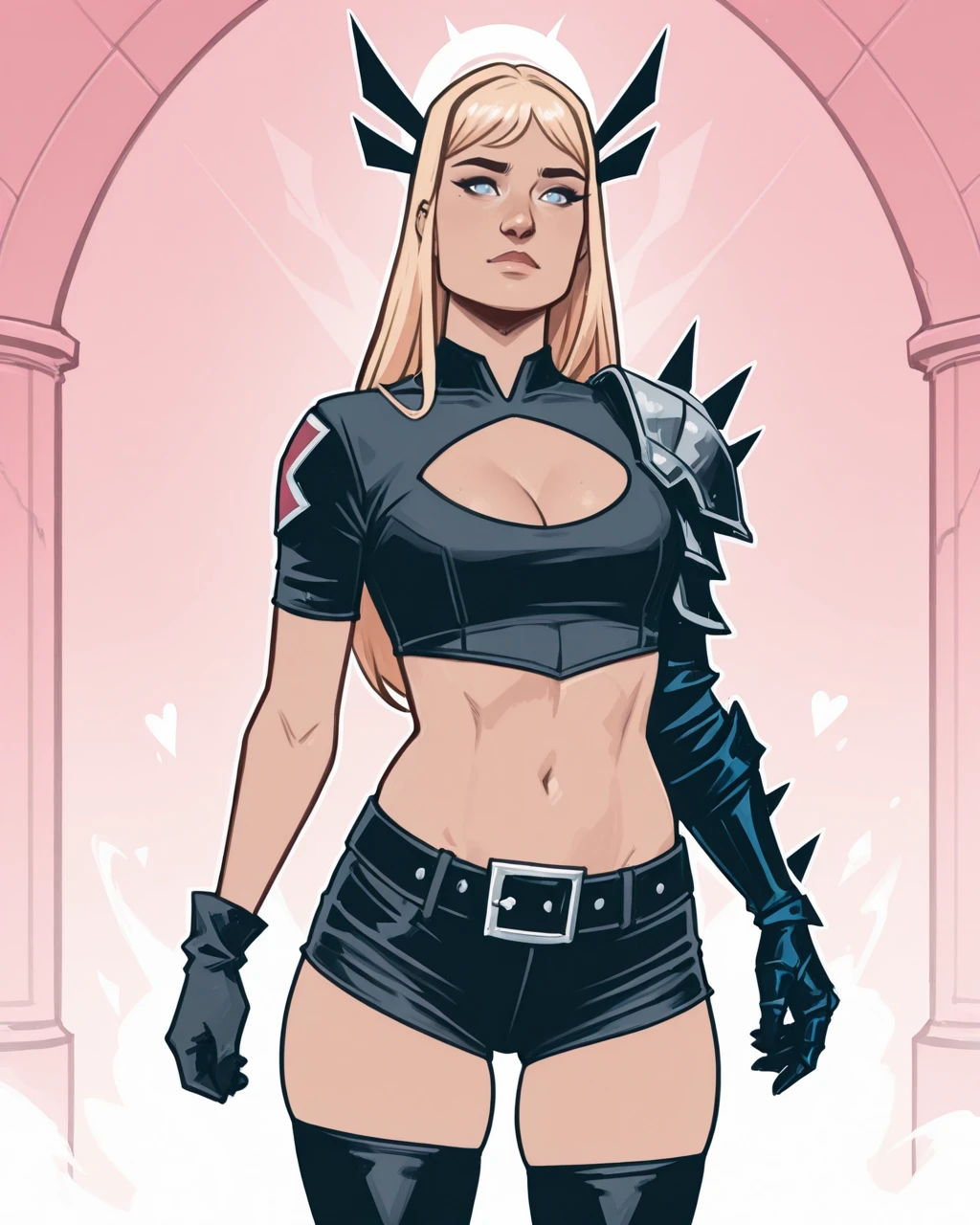 masterpiece, best quality, absurdres, perfect quality, absolutely eye-catching, <lora:CasparWijngaardIllus:1> casparw, <lora:Magik ModernilluLoRA:0.8> mgik, long hair, blue eyes, hair ornament, crop top, single glove, single gauntlet, shorts, midriff, belt, thighhighs, cleavage cutout, single shoulder armor