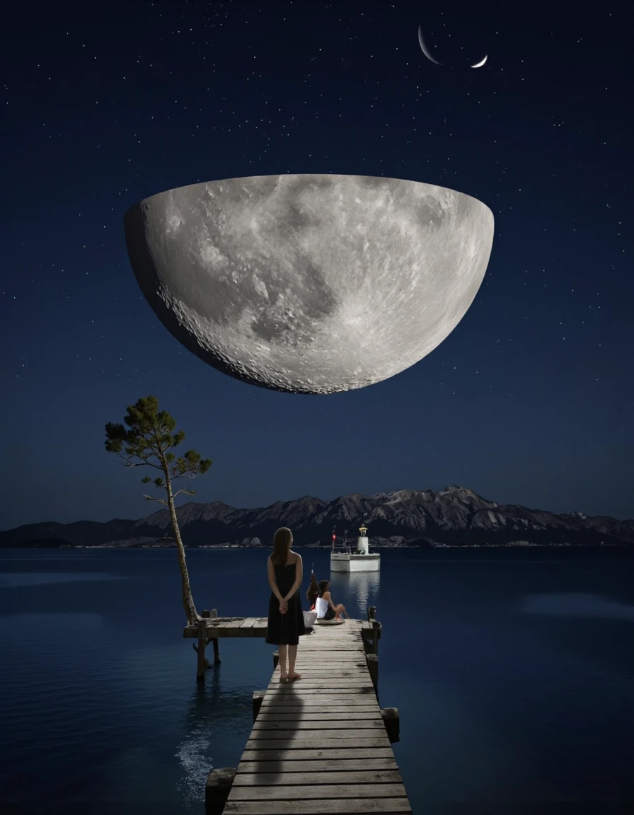 AlaMagna Style. 
A surreal photograph featuring two people standing on a wooden pier overlooking a vast expanse of blue water at night. The pier extends out into the distance, with a large, floating moon suspended above them, casting a soft glow over the scene. On the left side of the pier, a lone tree stands tall against the night sky, its branches reaching up towards the moon. The person on the left is wearing a black dress and is standing with their hands behind their back, looking up at the moon, while the one on the right is sitting on the pier. The background features a distant mountain range and a distant lighthouse on a small island. The sky is filled with stars and a crescent moon, creating a surreal and dreamlike atmosphere. The overall mood is one of awe and wonder.