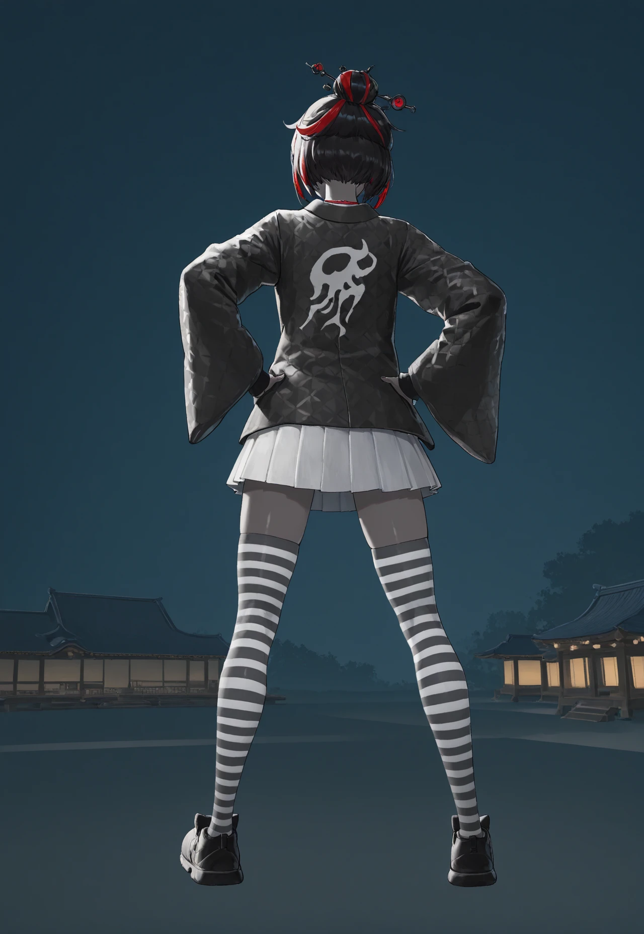 standing, hands on hips, full body, Japanese architecture, dynamic pose, from behind,
MiyakoF, 1girl, solo, grey skin, multicolored hair, streaked hair, red hair, black hair, short hair, hair ornament, hair bun, jacket, long sleeves, shirt, pleated white skirt, shoes, striped thighhighs,
absurdres, newest, masterpiece, best quality, very aesthetic, MythAn1m3,