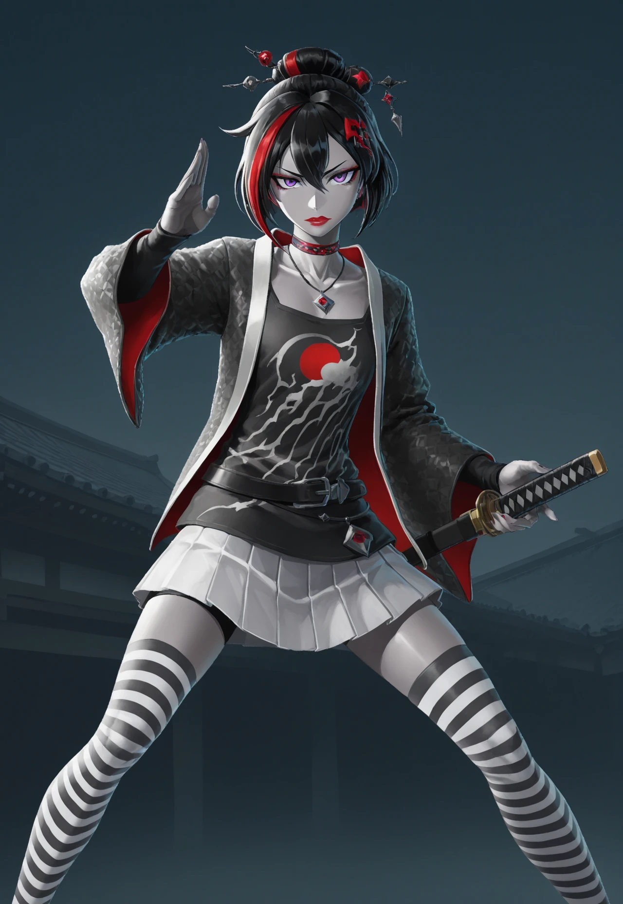looking at viewer, standing, holds two katanas, sassy expression, Japanese architecture, fighting stance,
MiyakoF, 1girl, solo, grey skin, multicolored hair, streaked hair, red hair, black hair, short hair, hair ornament, hair bun, purple eyes, red lips, choker, necklace, jacket, long sleeves, shirt, belt, pleated white skirt, striped thighhighs,
absurdres, newest, masterpiece, best quality, very aesthetic, MythAn1m3,