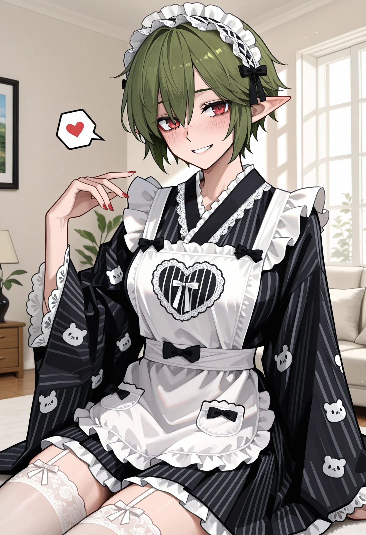 1girl, green hair, pointed ears, short hair, red eyes, breasts, tomboy face, freckles,
heart, spoken heart, looking at viewer, smile, blush, sitting, stockings,
living room,
 <lora:AmyBentonMaidIL:1>,amybentonmaid12, japanese clothes, kimono, print kimono, short kimono, animal and strips print, white apron, lace, frills, heart print on apron, headdress, black kimono, 
masterpiece,best quality,amazing quality,     <lora:lmia4IL-style:0.8>, llmia4,