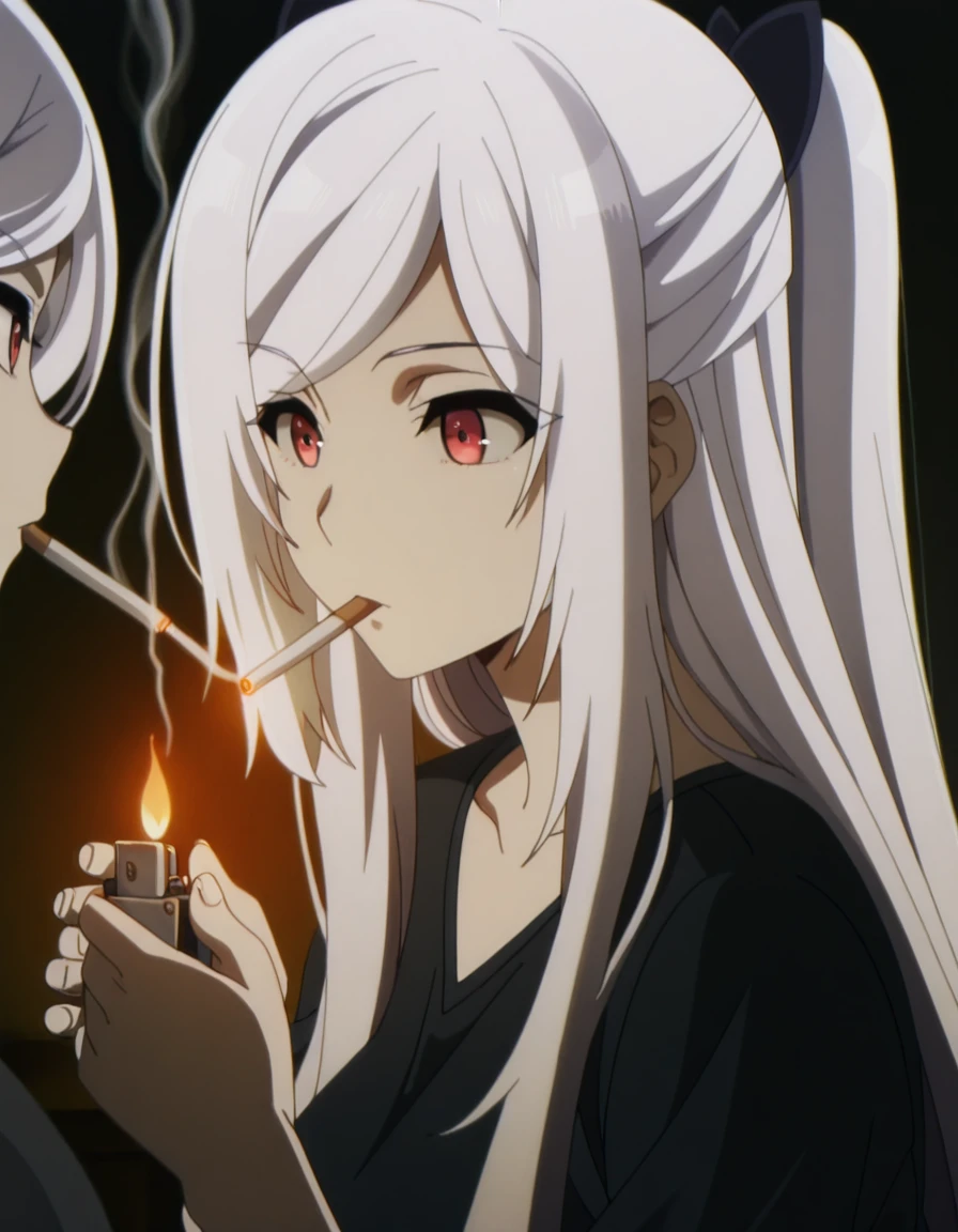 masterpiece, best quality, amazing quality,, <lora:alexia-midgar-s1-illustriousxl-lora-nochekaiser:1>, alexia midgar, long hair, very long hair, hair ribbon, white hair, red eyes, sidelocks, ribbon, mature female, medium breasts, anime screencap, <lora:lighting-cigarette-illustriousxl-lora-nochekaiser:1>, lighting cigarette, lighter, holding lighter, cigarette, smoking, fire, smoke, holding,, ,