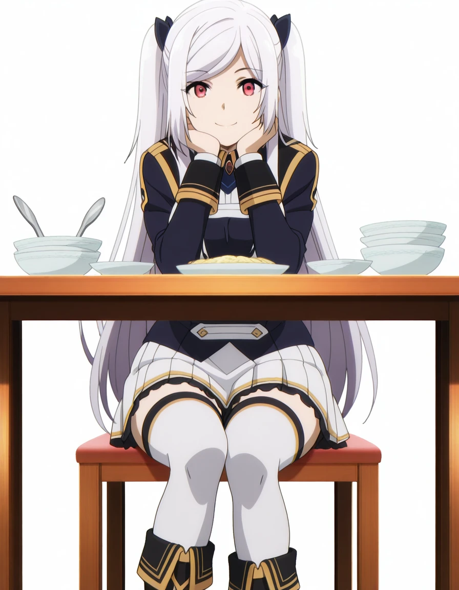 masterpiece, best quality, amazing quality,, <lora:alexia-midgar-s1-illustriousxl-lora-nochekaiser:1>, alexia midgar, long hair, very long hair, hair ribbon, white hair, red eyes, sidelocks, ribbon, mature female, medium breasts, anime screencap, skirt, thighhighs, long sleeves,pleated skirt, boots, miniskirt, black footwear, white thighhighs, zettai ryouiki, white skirt,, head rest, smile,, dining room, table, chairs, dishes, cutlery, cowboy shot, solo, looking at viewer, <lora:transparent-background-illustriousxl-lora-nochekaiser:1>, transparent background, simple background, white background
