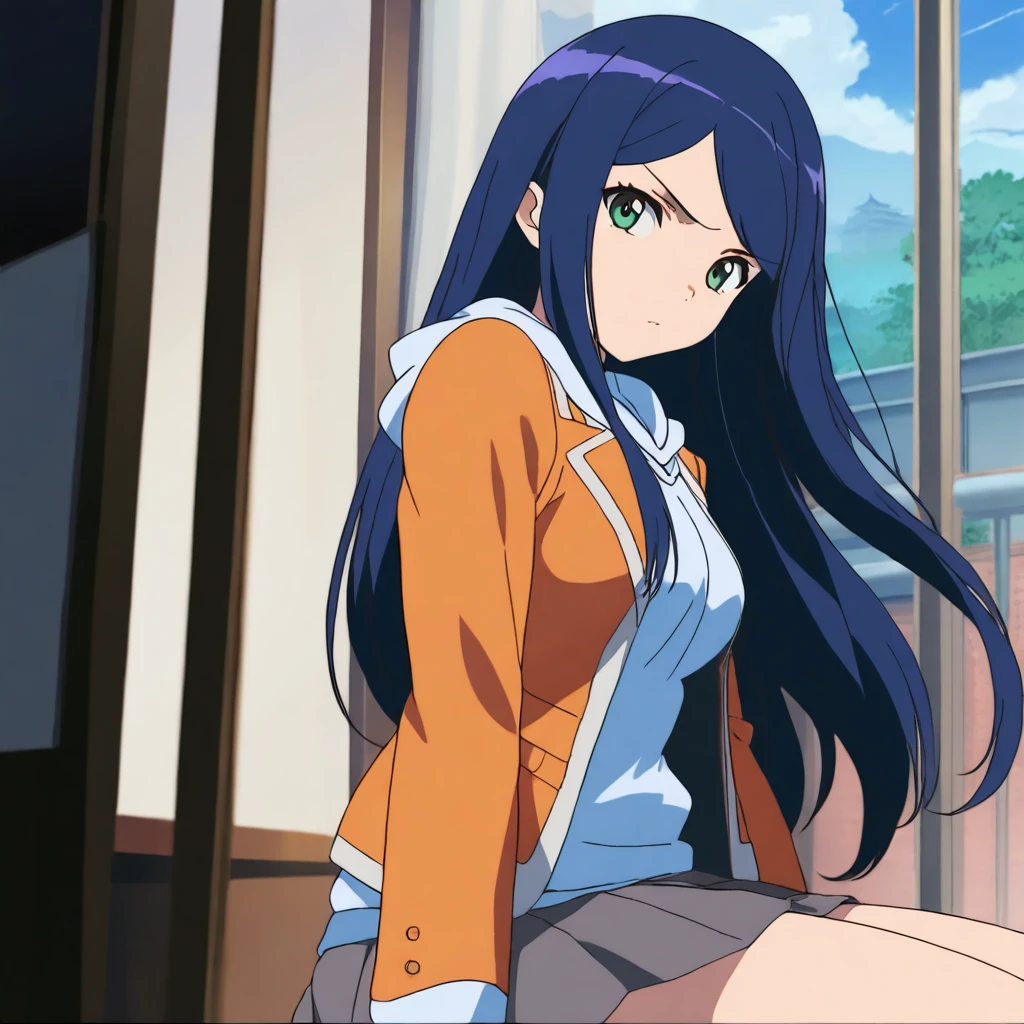 masterpiece,high score,great score,absurdres,solo,anime coloring,looking at viewer,school uniform, orange jacket, long sleeves, hoodie,skirt,<lora:KugaNatsuki ag4o:1> kuganatsuki, blue hair, long hair, green eyes,