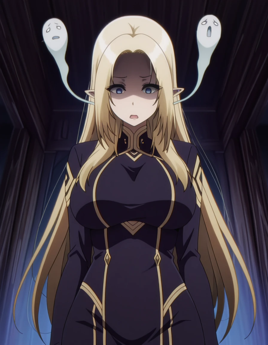 masterpiece, best quality, amazing quality,, <lora:shadow-alpha-s1-illustriousxl-lora-nochekaiser:1>, alpha, long hair, blue eyes, blonde hair, pointy ears, elf, mature female, breasts, anime screencap, <lora:giving-up-the-ghost-illustriousxl-lora-nochekaiser:1>, giving up the ghost, solo, open mouth, ghost, slouching, shaded face, looking down, blank eyes, cowboy shot, ,