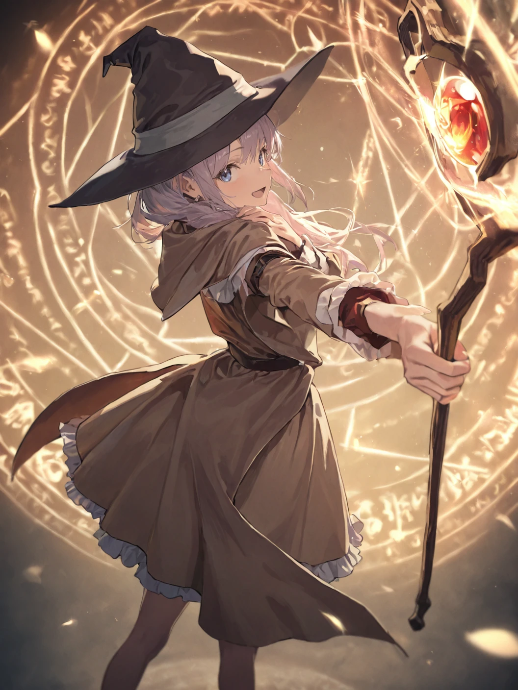 (1girl:1.2), (general:1.3), (masterpiece:1.2), newest, <lora:IchiroBattingStance_ill_v01:1.2> ichiro, (holding, holding mage staff, mage staff:1.2), magical girl, dress,, happy, outstretched arm, (hand on own shoulder:0.7), from side, looking at viewer, facing to the side, magic circle, reaching towards viewer,