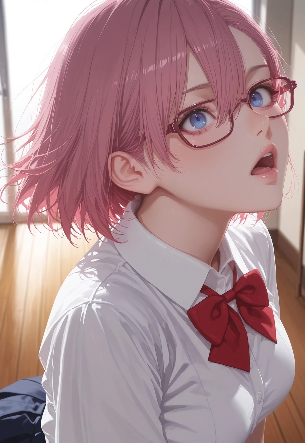 very detailed, flat color, no lineart, Vibrant Contrast, gradient colors, particle effect, (fine fabric emphasis:1.2), (((masterpiece, amazing quality, best quality, ultra-detailed, 8K, illustration, amazing quality, newest, absurdres, realistic))),
masterpiece,best quality,amazing quality,
1girl, Amano Ririsa, (ultra HD quality details), pink hair, (blue eyes), short hair with bangs, hair between eyes, glasses
school uniform, shirt, white shirt, red bow, bow, bowtie, short sleeves, collared shirt,
indoors, open mouth, wooden floor, upper body