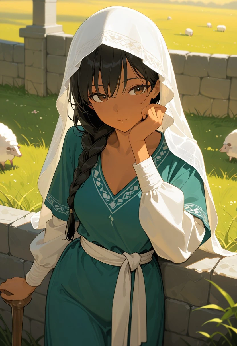 warm colors, masterpiece, best quality, amazing quality, girl, cowboy shot, perfect eyes, ultra detailed, 8k ultra hd,
black hair, brown eyes, long hair, long braid hair, medium breasts, brown skin, biblical clothing, ancient Israelite, green Wool tunic,long dress, v neck, long loose sleeves, long white linen veil, white linen sash belt,, head rest
evening time, summer season, in a grass field, leaning on a small stone wall, sheep and lambs, holding shepherd cane
