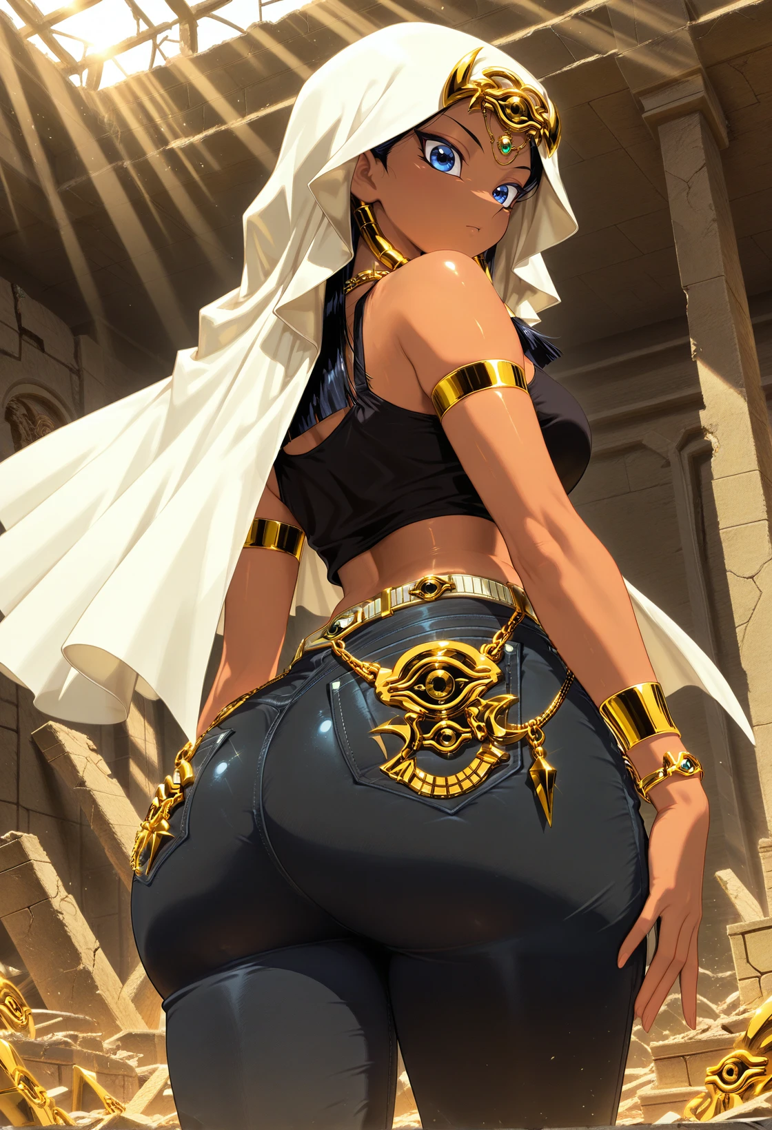 aaish, long hair, black hair, hair tubes, veil, forehead jewel, dark-skinned female, blue eyes, gold trim, necklace, black tank top, armlet, bracelet, from below, huge ass, 1girl, solo, missme jeans, rhinestones, millennium eye of horus, midriff, fine fabric emphassis, black jeans, rhinestone belt, shiny skin, looking at viewer, ruins, sunbeam
<lora:Missme_ILv2:.8> <lora:millennium-10:1> <lora:ishizu_ishtar_ilxl_v1:0.8> <lora:Dramatic Lighting Slider:3.5>, masterpiece,best quality,amazing quality,