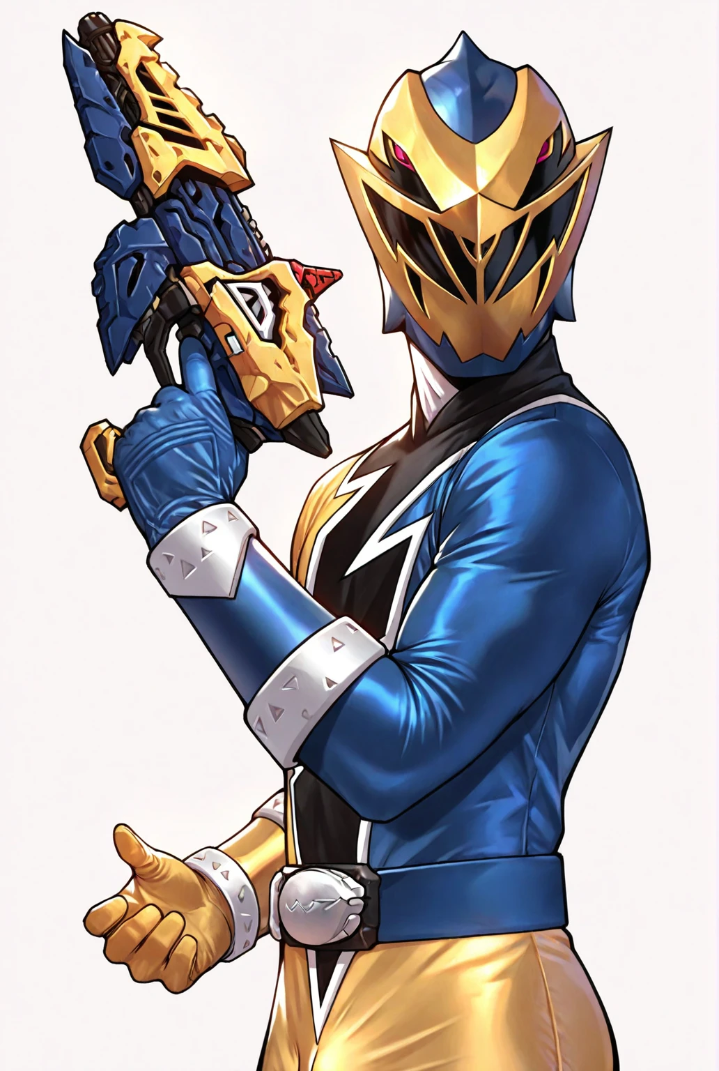 very awe,aesthetically pleasing,masterpiece,best quality,amazing quality,very aesthetic,ultra-detailed,high resolution,8k,1boy,solo,cowboy shot,male focus,detailed face,bodysuit,belt,helmet,gloves,yellow bodysuit,blue bodysuit,tokusatsu,yellow pants,mask,fighting stance, holding weapon, weapon,bulge,simple background,(white background:1.1),<lora:ryusoul gold:0.8>,ryusoul gold,<lora:LYDart StyleIlluLYCO:0.2>,ydart,
