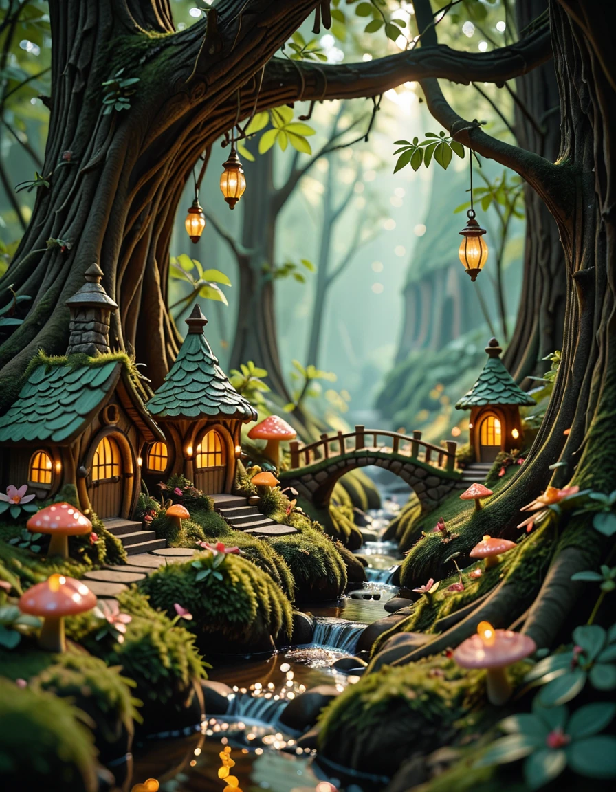 Deep within an enchanted forest, hidden beneath the mossy roots of ancient trees and glowing mushrooms, lies a miniature fairy village. Tiny, luminescent cottages made from acorns, bark, and shimmering crystal leaves are nestled among winding roots and soft green moss. Delicate stone bridges arch over trickling brooks that sparkle with magic-infused water. Lanterns made from hollowed-out firefly shells hang from branches, casting a gentle golden glow across the village paths made of polished pebbles and flower petals. The air is filled with the scent of wildflowers and sweet nectar, and the gentle hum of unseen wings occasionally stirs the leaves. Above, shafts of sunlight break through the dense canopy, illuminating the scene like a dream. Everything feels alive, vibrant, and timelessâas if the forest itself protects and nurtures this hidden, magical haven.miniature fairy v1ll4g3, <lora:miniature_fairy_v1ll4g3-i:1>, Masterpiece,best quality,hi res,8k,hi res,8k,award winning,(sharp focus, intricate, highly detailed),