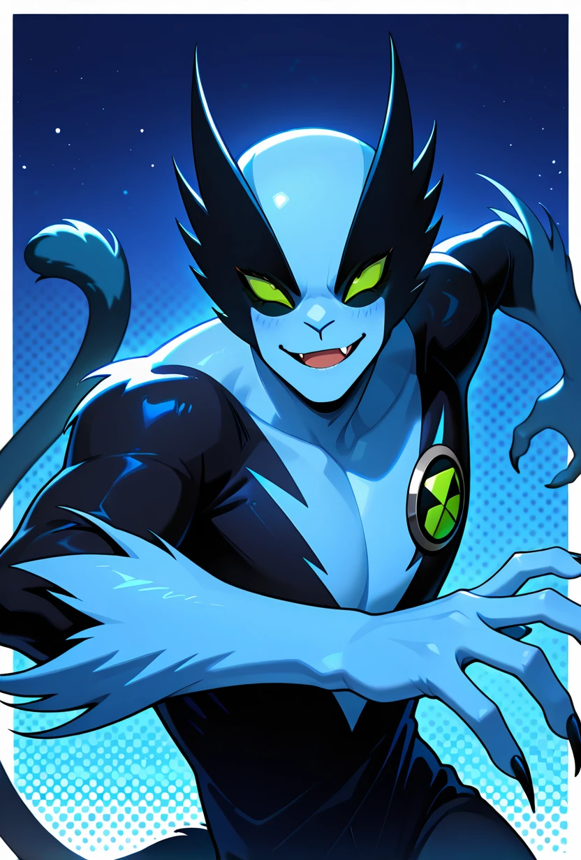 <lora:fastrack-10:1> fastrack, solo, blue skin, green eyes, 1boy, claws, green badge, fang, feline tail, wide jaw, masculine, blue chest, body fur, , black arms, blue hands, blue forearm, smile, looking at viewer, blue background, dynamic pose, masterpiece, best quality, amazing quality, very aesthetic, absurdres, newest,, upper body, halftone effect, white borders, abstract background:1.2,