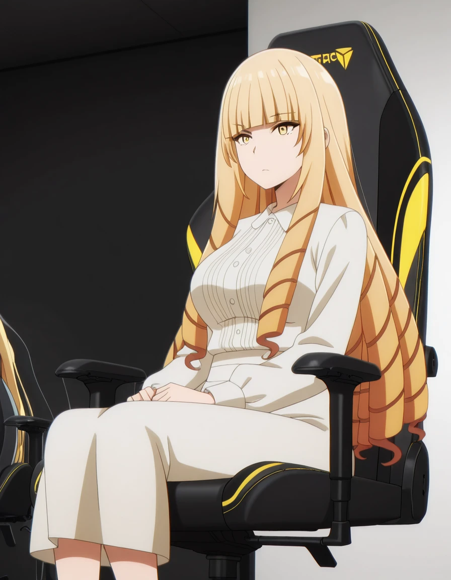 masterpiece, best quality, amazing quality,, <lora:oriana-rose-s1-illustriousxl-lora-nochekaiser:1>, oriana rose, long hair, blonde hair, yellow eyes, drill hair, bangs, blunt bangs, mature female, medium breasts, anime screencap, <lora:secretlab-chair-illustriousxl-lora-nochekaiser:1>, secretlab chair, chair, office chair, gaming chair, sitting, feet out of frame,, ,