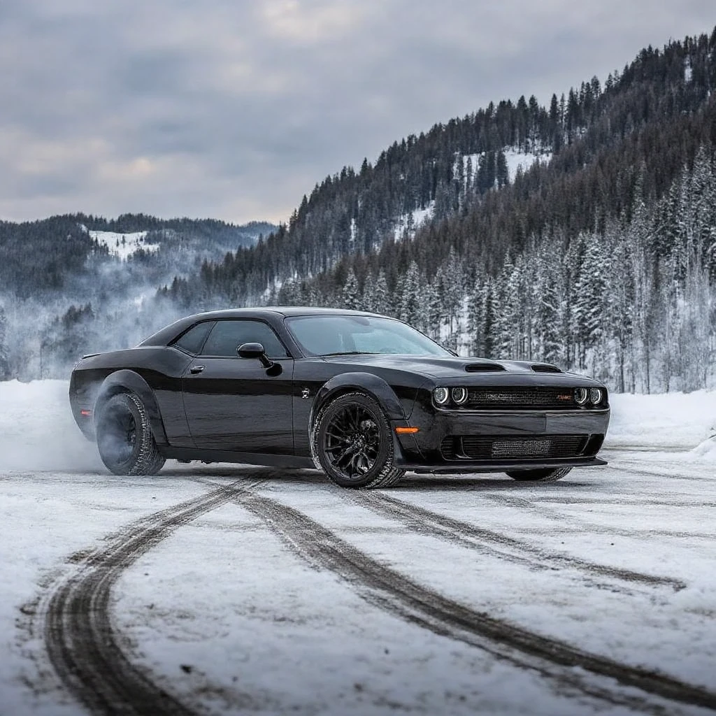 <lora:cha113ng3r:1> cha113ng3r. A photograph on a snowy mountain pass with snow and smoke billowing from under the tire wells. car is black.
