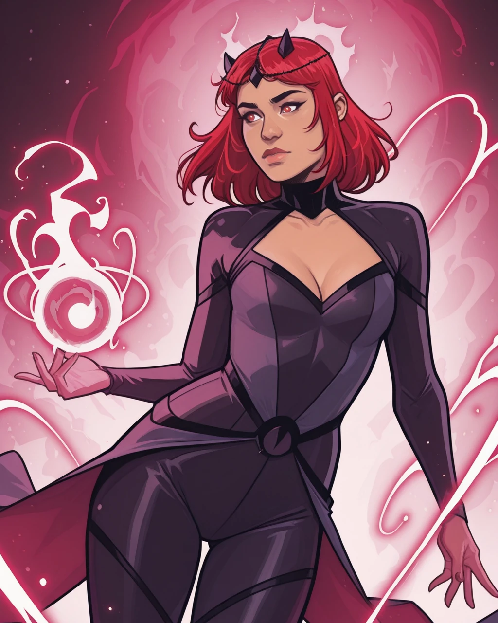 masterpiece, best quality, absurdres, perfect quality, absolutely eye-catching, <lora:CasparWijngaardIllus:0.8> casparw, <lora:AmaranthIllus:0.8> amaranth, red hair, red eyes, bodysuit, cleavage, magic,