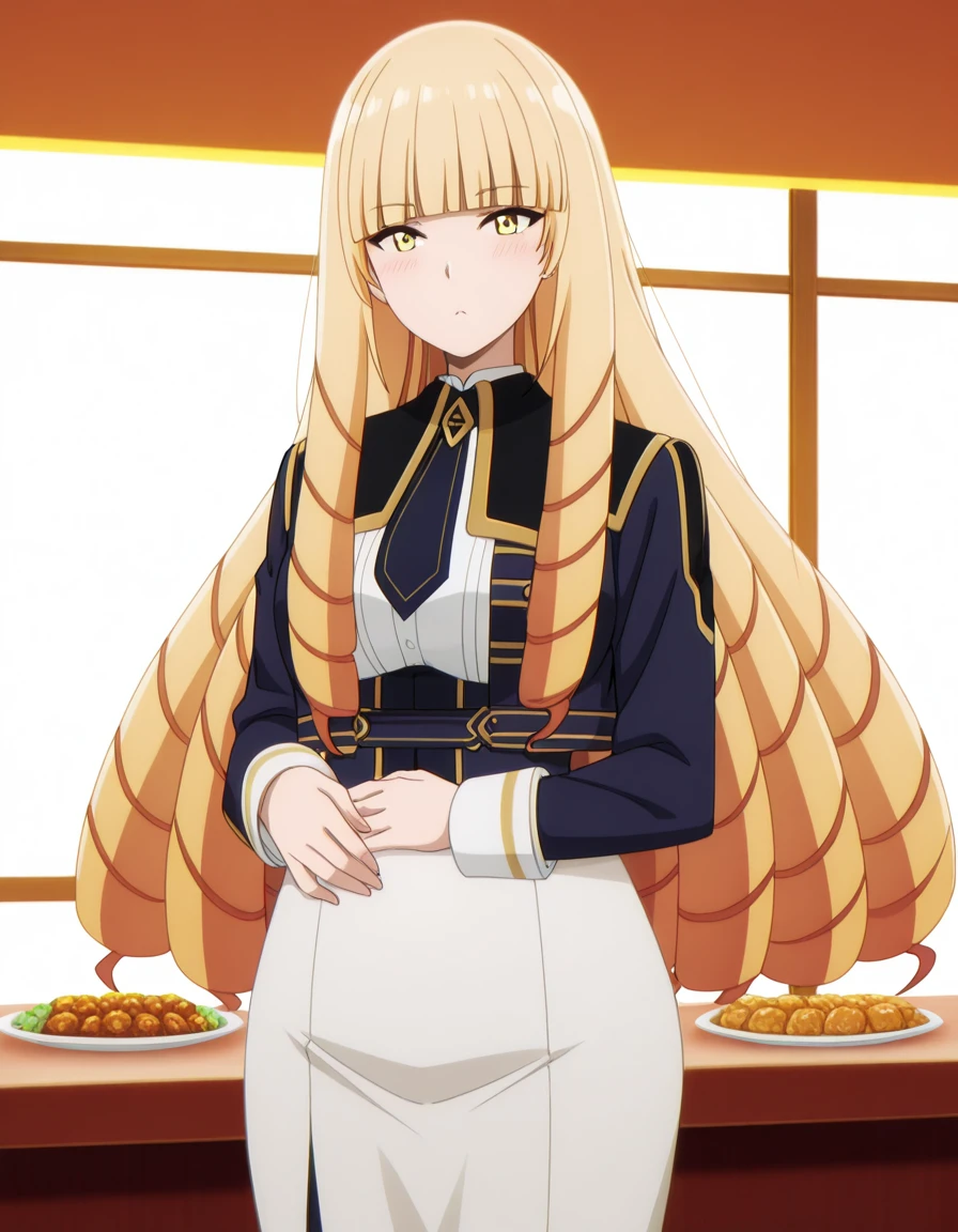 masterpiece, best quality, amazing quality,, <lora:oriana-rose-s1-illustriousxl-lora-nochekaiser:1>, oriana rose, long hair, blonde hair, yellow eyes, drill hair, bangs, blunt bangs, mature female, medium breasts, anime screencap, skirt, jacket, necktie, white skirt, corset,, hand on stomach, blush,, restaurant, laughter, good food, warm lighting, celebration, cowboy shot, solo, looking at viewer, <lora:transparent-background-illustriousxl-lora-nochekaiser:1>, transparent background, simple background, white background