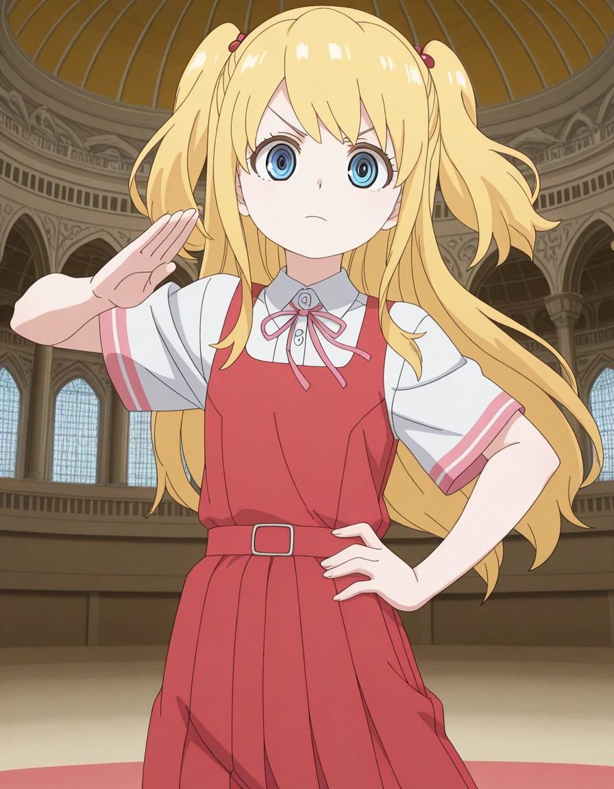 masterpiece, best quality, amazing quality,, <lora:nodoka-ametsuchi-s1-illustriousxl-lora-nochekaiser:1>, nodoka ametsuchi, long hair, blue eyes, blonde hair, hair ornament, two side up, anime screencap, skirt, shirt, ribbon, short sleeves, neck ribbon, red dress,, <lora:kung-fu-illustriousxl-lora-nochekaiser:1>, kung fu, martial arts, training, fighting stance, cowboy shot, hand on own hips, mosque, dome, prayer, holy, architecture, cowboy shot, solo, looking at viewer,