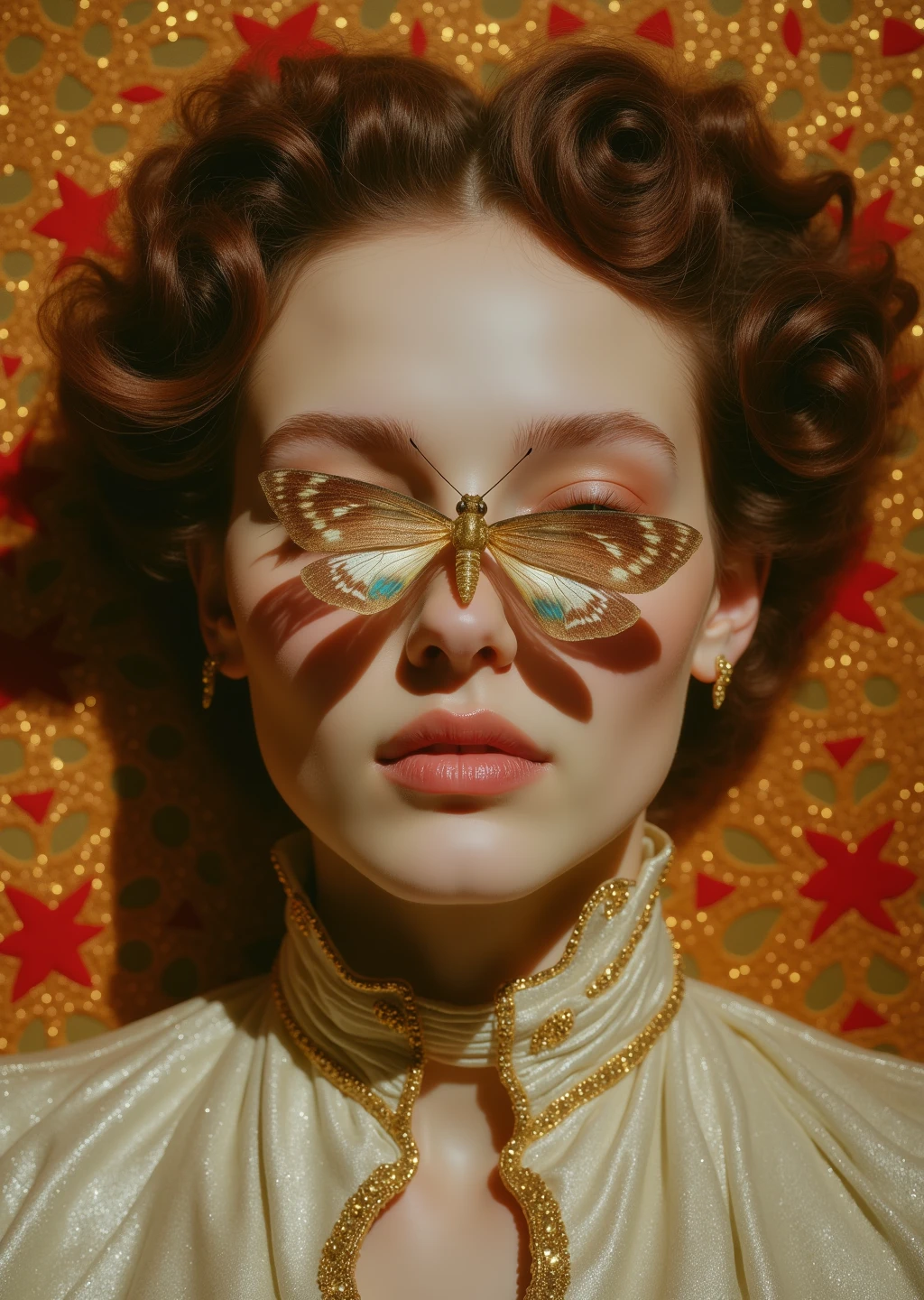 A hyper-realistic portrait of a pale-skinned medieval woman with rich, voluminous curly hair, her piercing gaze intense as a vibrant moth rests on her face, its delicate wings partially obscuring her features. The intricate details of the moth’s patterns contrast against her soft complexion, creating a striking visual harmony. The background is a warm golden hue, adorned with a meticulously arranged geometrical red embroidery pattern, evoking the essence of medieval textile craftsmanship. The interplay of light and shadow enhances the depth of the illustration, emphasizing the fine textures of her curls, the subtle variations in her skin tone, and the precise detailing of the moth’s wings.Shot with a shallow depth of field, perfect lighting, 85mm lens.This image embodies a modern, artistic style with a moody atmosphere that evokes intrigue and depth.