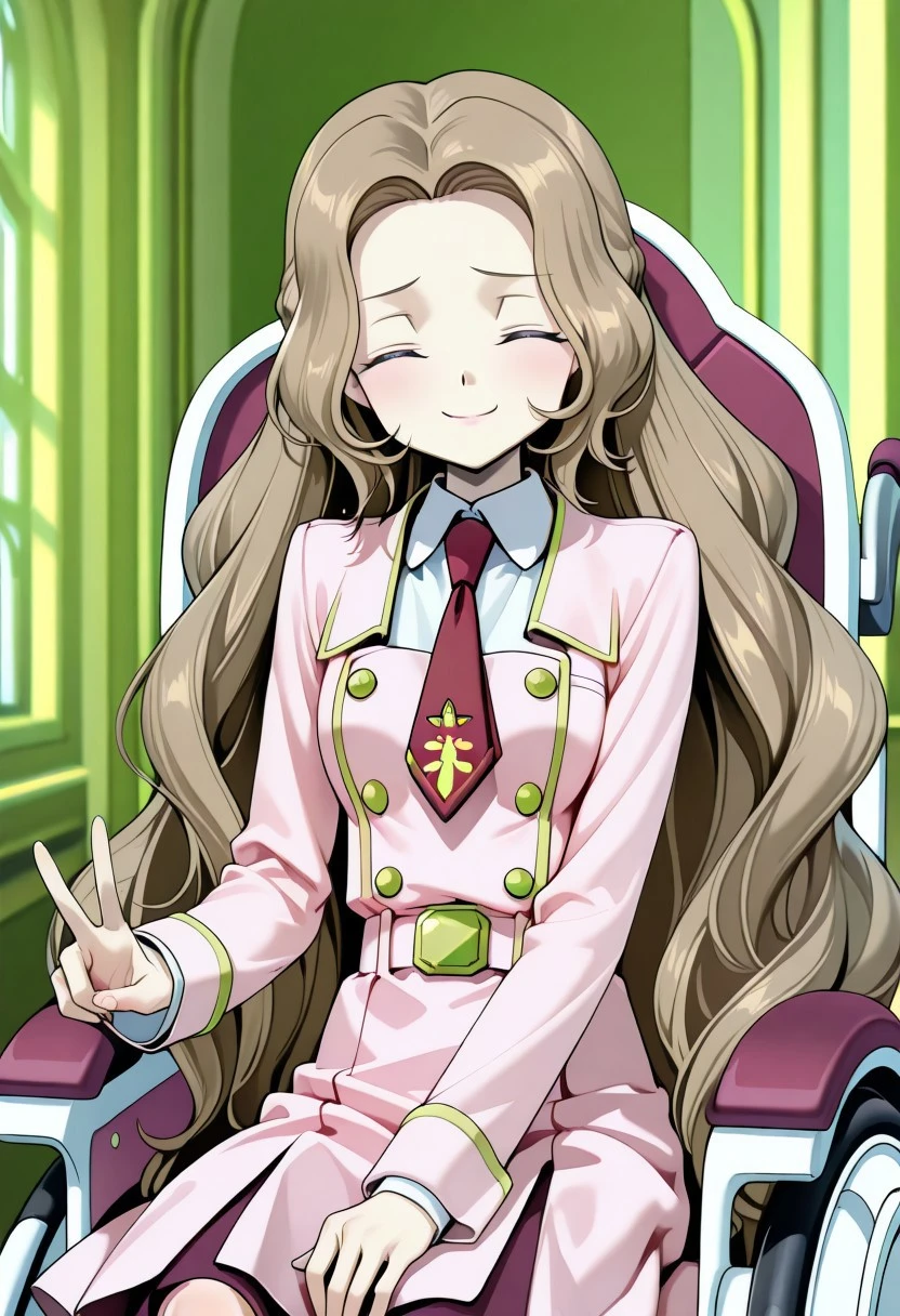 1girl, solo, nunnally, long hair, brown hair, very long hair, closed eyes, long sleeves, dress, school uniform, necktie, red necktie, ashford academy school uniform, wheelchair, v, smug smile, facing at viewer, large breasts, slim waist,