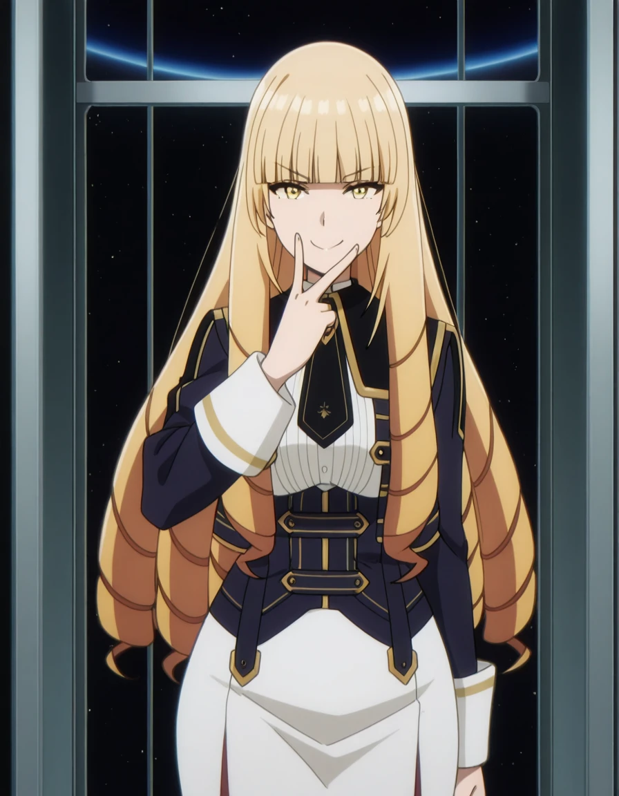 masterpiece, best quality, amazing quality,, <lora:oriana-rose-s1-illustriousxl-lora-nochekaiser:1>, oriana rose, long hair, blonde hair, yellow eyes, drill hair, bangs, blunt bangs, mature female, medium breasts, anime screencap, skirt, jacket, necktie, white skirt, corset,, v, v over mouth, smug,, space elevator, tall, space, futuristic, technology, cowboy shot, solo, looking at viewer,