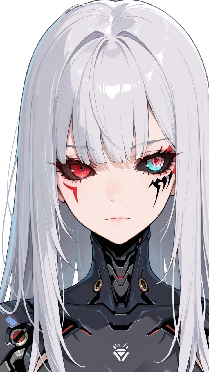 1girl,solo,red eyes,black sclera,colored sclera,transparent background,grey hair,mechanical eye,cyborg,artificial eye,simple background,long hair,facial mark,portrait,
masterpiece,best quality,amazing quality,very aesthetic,absurdres,newest,heterochromia,