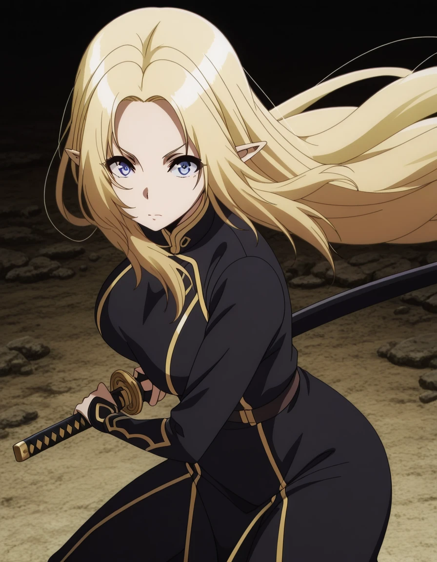 masterpiece, best quality, amazing quality,, <lora:shadow-alpha-s1-illustriousxl-lora-nochekaiser:1>, alpha, long hair, blue eyes, blonde hair, pointy ears, elf, mature female, breasts, anime screencap, <lora:battoujutsu-stance-illustriousxl-lora-nochekaiser:1>, battoujutsu stance, looking at viewer, holding, weapon, sword, holding weapon, holding sword, standing, katana, sheath, sheathed, fighting stance, ready to draw, ,