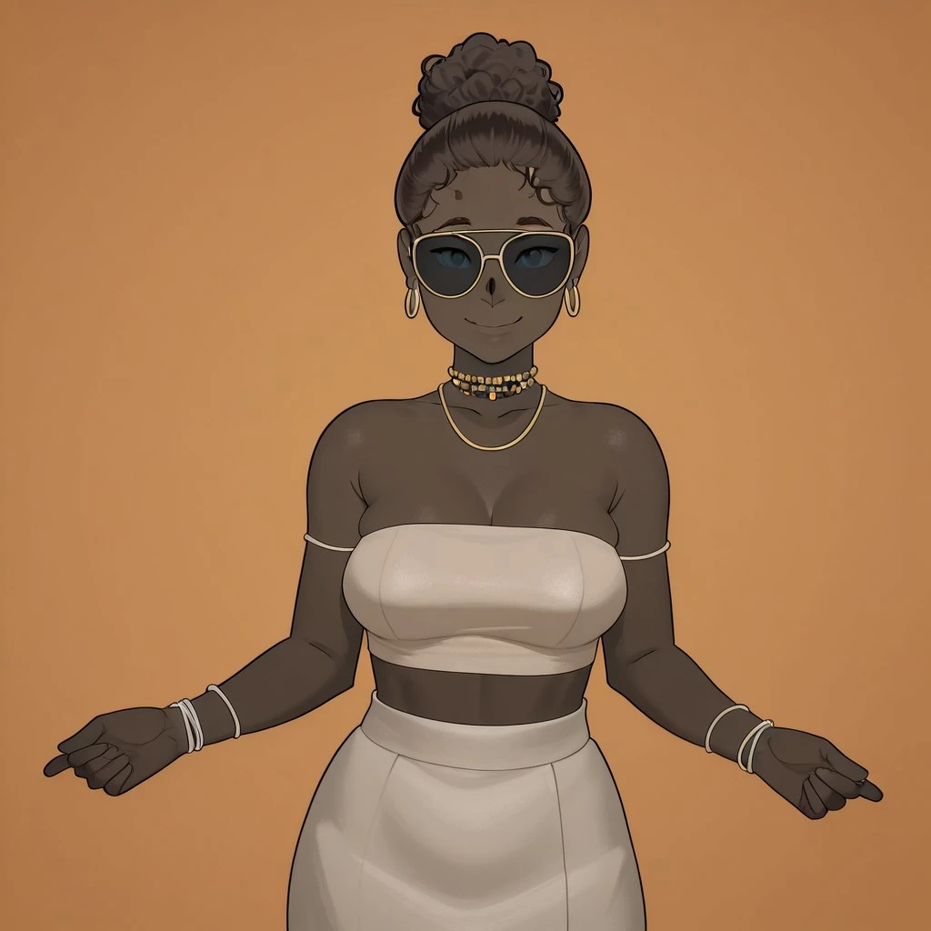 A beautiful woman with dark brown skin and a warm, friendly smile. She has light blue or grey eyes and her dark, curly hair is styled in a high bun. She wears a simple, strapless beige top that covers her bust and a rustic, light brown furry wrap or skirt around her hips. Delicate gold hoop earrings adorn her ears, and she wears a beaded choker necklace in shades of red, orange, and white. Thin, light-colored bands are wrapped around her upper arms and wrists. The style is reminiscent of a digital illustration with soft shading. The background should be a plain, light grey.