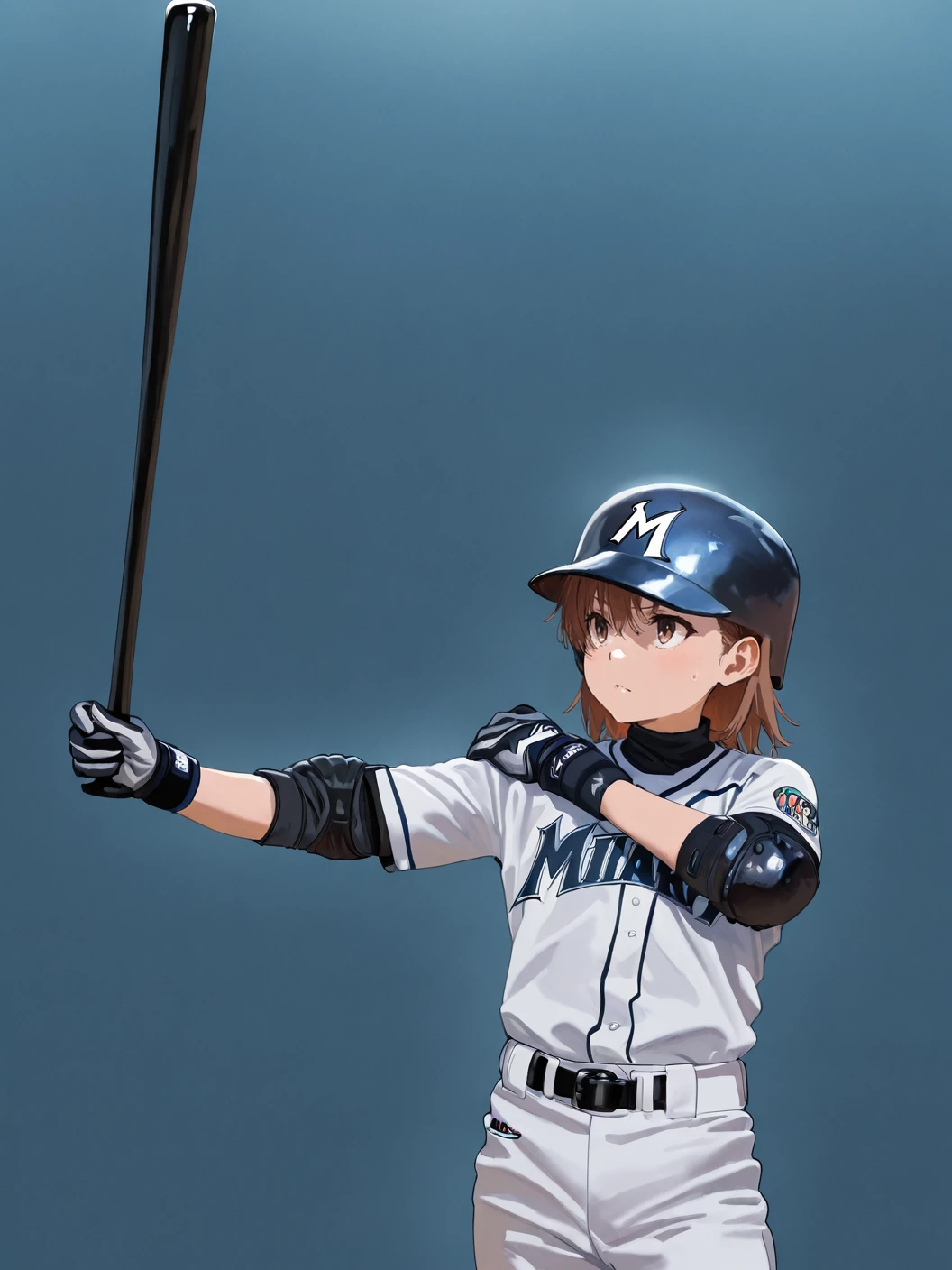 (1girl:1.2), (general:1.3), (masterpiece:1.2), newest, <lora:IchiroBattingStance_ill_v01:1> ichiro, (holding, holding baseball bat, baseball bat:1.2), baseball uniform, helmet, misaka mikoto, gloves, elbow pads, outstretched arm, (hand on own shoulder:0.7),