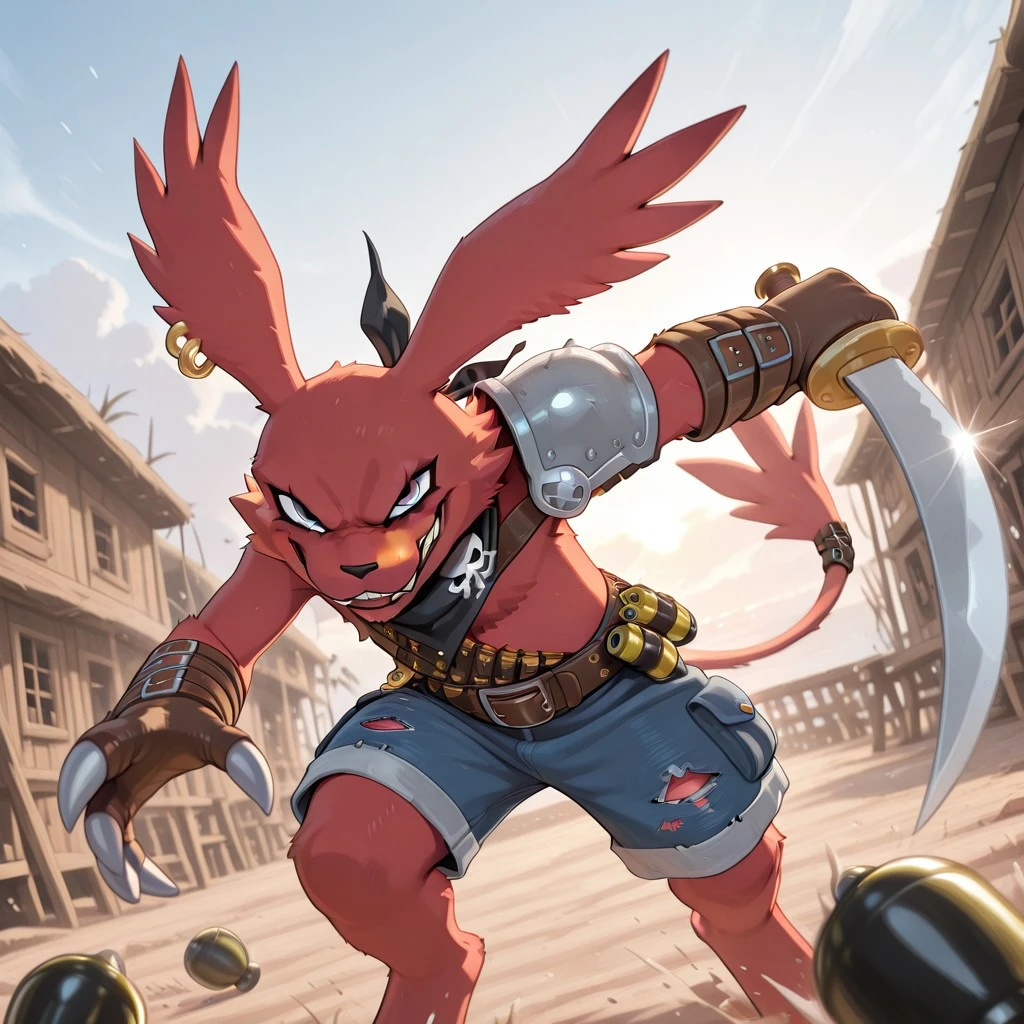 Digimon, masterpiece, cargo shorts, digital monsters, single earring, stitched shorts, anime, holding cutlass, grey eyes, best quality, pirate bandana, amazing quality, (((red fur))), solo, blue shorts, leather pauldron, (((single pauldron))), 1boy, expressive eyes, video game, friendly face outside, dashing smile, gold loop earring, dynamic pose, dashing smile outside, silver bladed cutlass, furry male, black bandana, tail, grenado bombs, black pauldron, bandolier, friendly face, outside