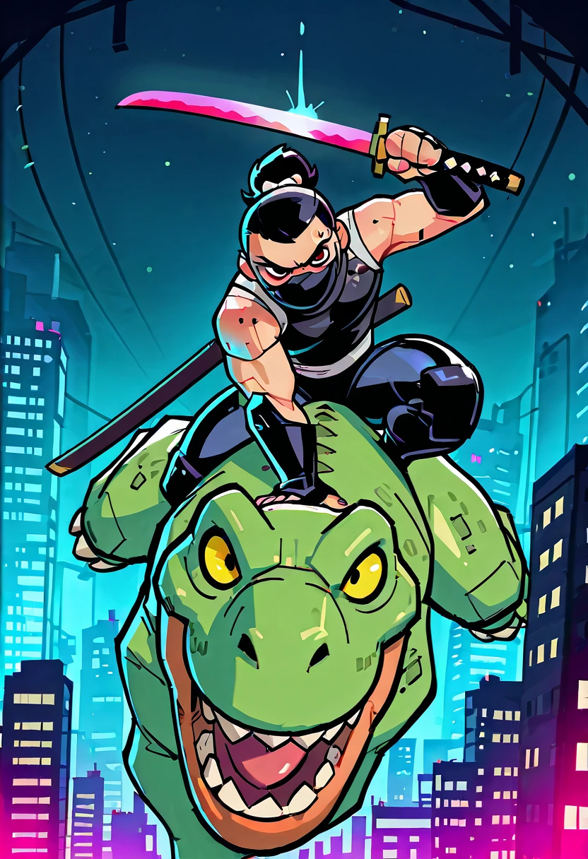Masterpiece,amazing quality,detailed,newest,outdoors,cyberpunk city,night time,1man,ninja,holding a katana,riding a dinosaur,charging,male focus,dynamic pose,action,foreshortening,dynamic angle,looking at viewer,