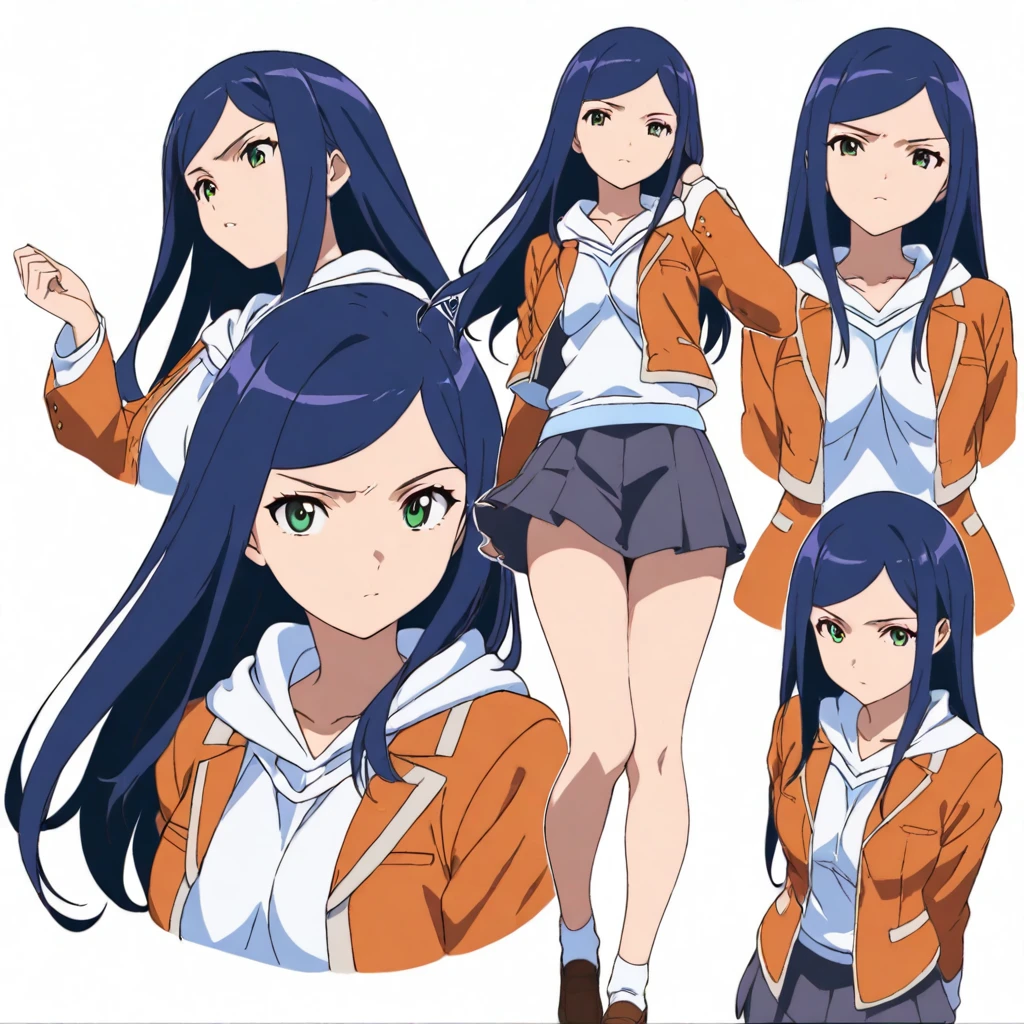 masterpiece,high score,great score,absurdres,solo,anime coloring,looking at viewer,<lora:character_Sheet_XL:0.5> character sheet, multiple views, white background,school uniform, orange jacket, long sleeves, hoodie,skirt,<lora:KugaNatsuki ag4o:1> kuganatsuki, blue hair, long hair, green eyes,