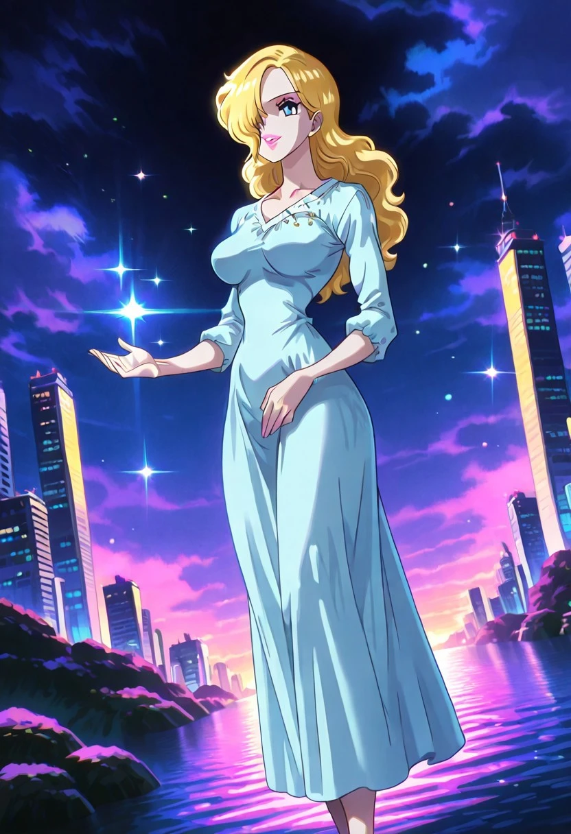 VinsmokeSoraOP, 1girl, solo, pale skin, long hair, blonde hair, curly hair, hair over one eye, dark blue eyes, full lips, pink lipstick, makeup, large breast, long dress, light blue dress, dress ornament, elbow length sleeves, cleavage, collarbone, thick thighs, frills, barefoot,
masterpiece, best quality, fine details, intricate details, depth of field, subsurface scattering, bokeh, ultra-detailed, very aesthetic, detailed background, newest, scenery, highres, absurdres, colorful, vibrant, glowing, perfect face, 2d, perfect eyes, vibrant saturated colors, volumetric lighting, sharp, detailed eyes, perfect anatomy, perfect face, perfect eyes, mature body, clear eyes, beautiful eyes, athletic, curvy body, athletic girl, perky tits, perfect tits, round breasts, pinup pose, teasing, lustful expression, perfect hands,
muscular female, dutch angle, dynamic pose,
,Smooth Negative, Smooth_Quality,
retro_celestial_scifi, retro artstyle