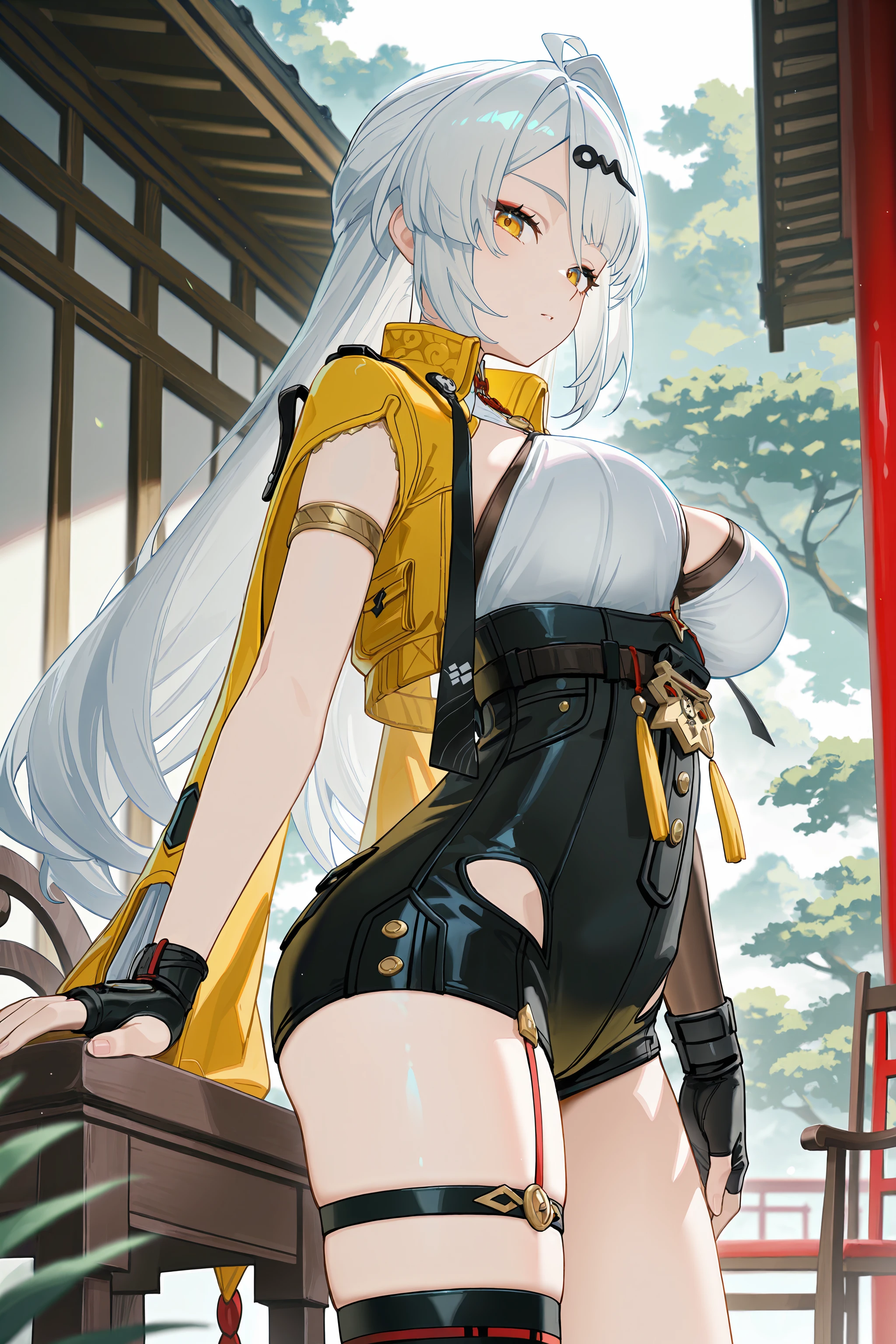 1girl, yixuan \(zenless zone zero\), hairclip, solo, halter shirt, yellow cropped jacket, black high-waist shorts, single fingerless glove, single elbow glove, armlet, black single thighhigh, thigh strap, cowboy shot, standing, arched back, from side, from below, looking at viewer, aroused, chair, garden, east asian architecture, outdoors, depth of field <lora:Char-ZZZ-Yixuan-V1-IL:0.9:hr=0.6>, (kanzaki hiro, konya karasue, mika pikazo, rella:0.6)
masterpiece, best quality, amazing quality, very aesthetic, absurdres, newest, (scenery, volumetric lighting)