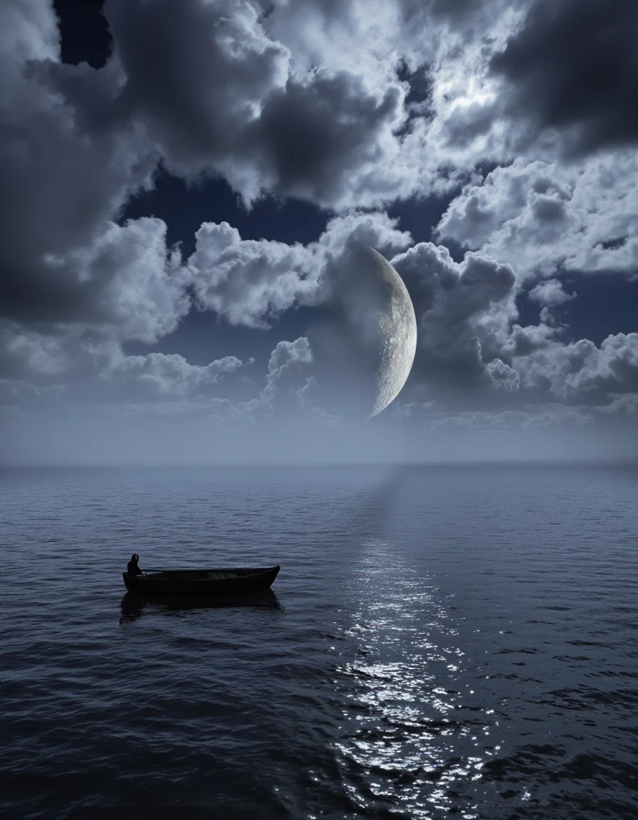 AlaMagna Style. A surreal, dark, moody scene featuring a lone figure sitting in a small boat on calm waters, illuminated by the moonlight. The sky is filled with dark, ominous clouds, creating a dramatic contrast with the vast expanse of the ocean. The boat is small and alone, with the figure standing out against the vastness of the water. The figure is silhouetted against the night sky, and the moon casts a shadow on the water's surface. The overall mood is eerie and mysterious, evoking a sense of loneliness and isolation.