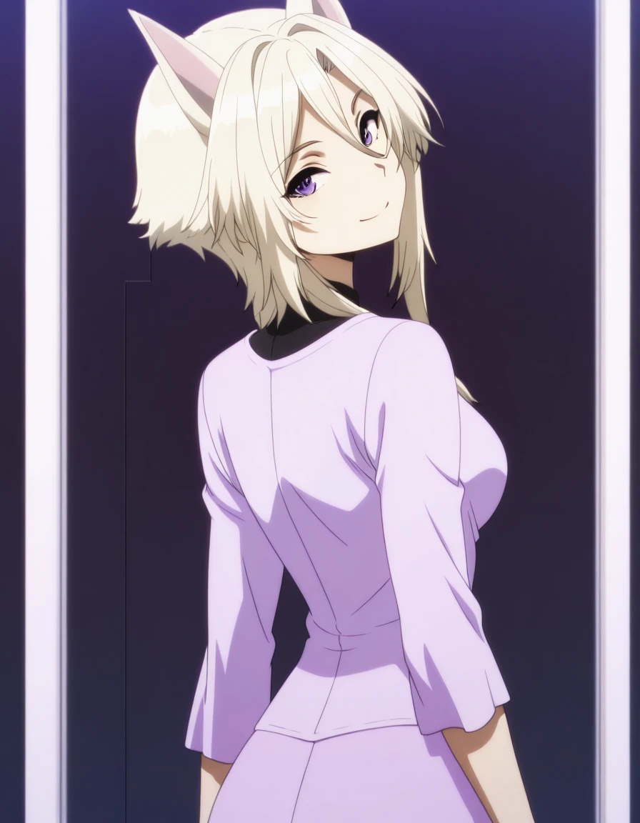 masterpiece, best quality, amazing quality,, <lora:shadow-zeta-s1-illustriousxl-lora-nochekaiser:1>, zeta, animal ears, purple eyes, blonde hair, mature female, medium breasts, anime screencap, <lora:shaft-look-illustriousxl-lora-nochekaiser:1>, shaft look, looking back, from behind, head tilt, cowboy shot, smile,, ,