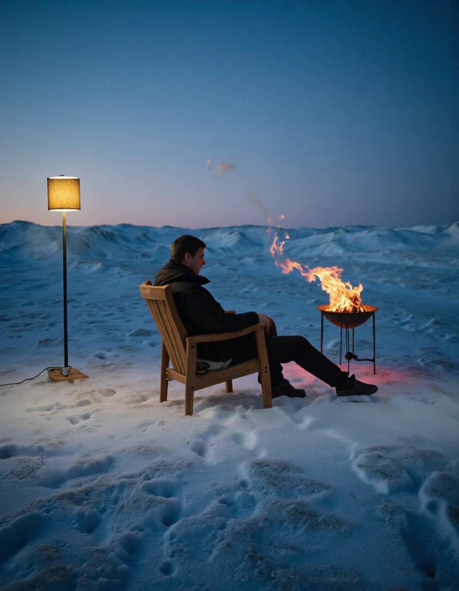 AlaMagna Style. 
A man sitting in a wooden chair on a snow-covered beach at dusk. He is wearing a black jacket and black pants, and black shoes. To his left is a tall, cylindrical lamp with a yellow shade, casting a warm glow on the surrounding area. In front of him is a small, glowing fire pit, with the fire burning brightly. The background shows a vast expanse of blue ocean and a clear blue sky. The overall mood is peaceful and serene.