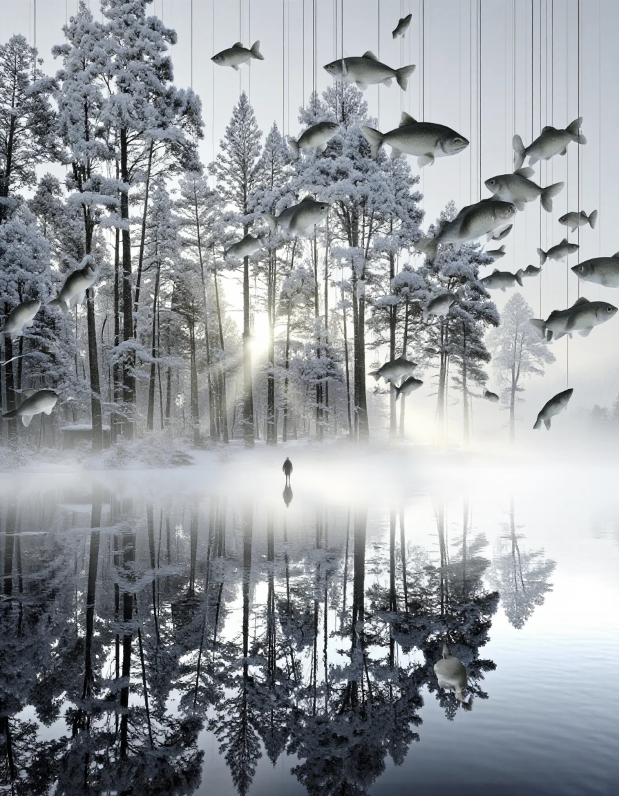 AlaMagna Style.
A surreal landscape featuring a vast expanse of snow-covered pine trees reflected in a calm, still lake. In the foreground, several large, grey fish are suspended in mid-air by thin strings, creating a sense of movement. A lone figure stands in the middle of the lake, looking out into the distance. The sky is a hazy grey, with the sun's rays filtering through the trees, casting a soft glow on the scene. The overall mood is peaceful and serene. The image has a dreamy, ethereal quality, with a minimalist aesthetic.