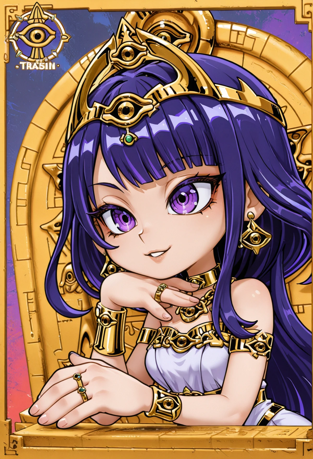 toon_monster, chibi, tiara, official art, 1girl, Raiden Shogun\(Genshin Impact\)  gold trim, egyptian dress, smile, upper body, millennium necklace, ring, chain, eye of horus, earrings, parted lips, multicolored background, simple background, 
<lora:millennium-10:1> <lora:yugioh_toon_monster_chibi_style_il:.8>