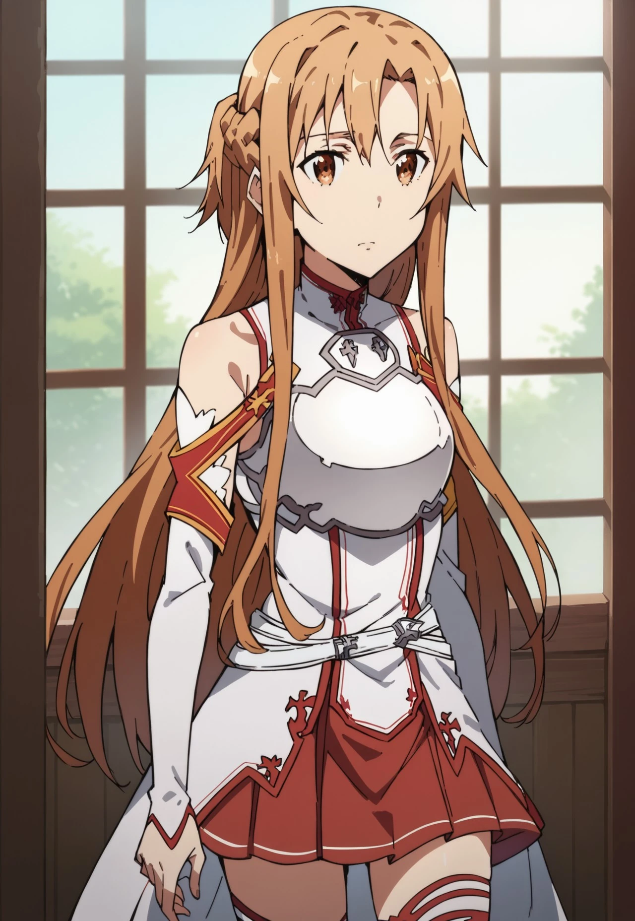 score_9, score_8_up, score_7_up, score_6_up, score_5_up, score_4_up, 1girl, slim, fit, beautiful eyes, Asuna Yuuki (/Sword Art Online)/,(ultra HD quality details), brown hair, long hair, (brown eyes), armor, breastplate, bare shoulders, detached sleeves, skirt, red skirt, thighhighs, white thighhighs, mouth opened, hiding, focusing on colorful beetle